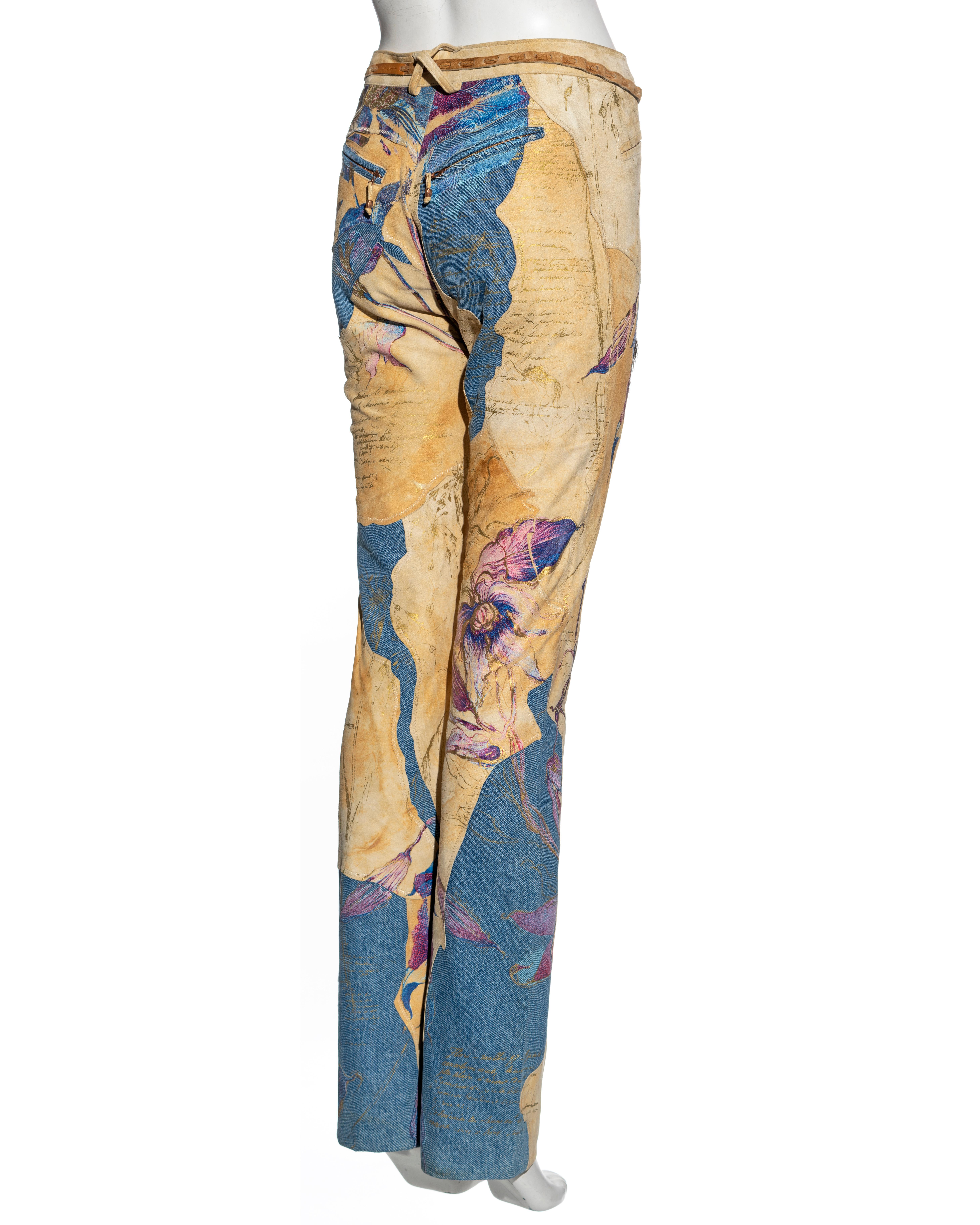 Roberto Cavalli leather and denim patchwork pants with gold foil print, fw 1999 3