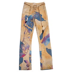 Roberto Cavalli leather and denim patchwork pants with gold foil print, fw 1999