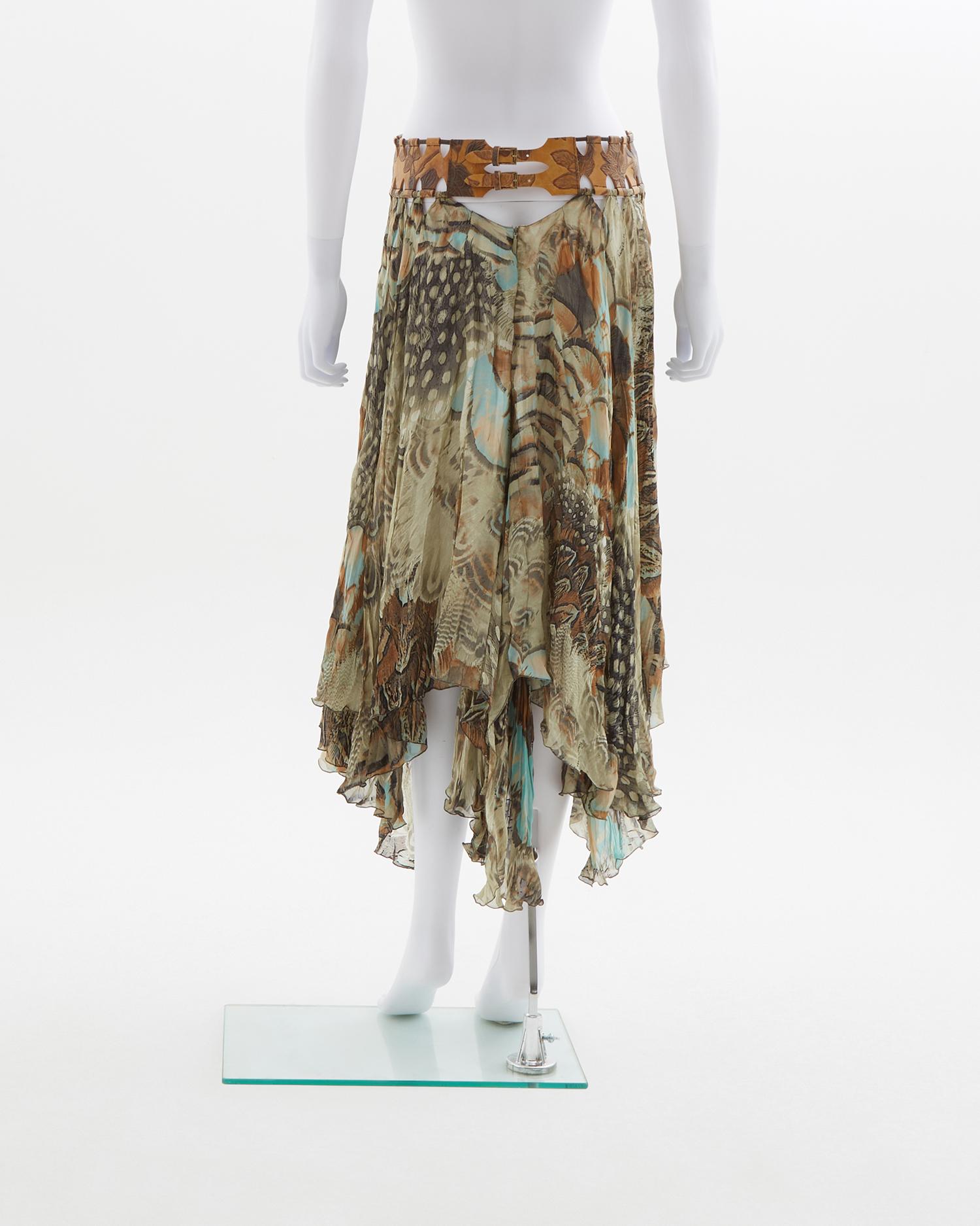 Roberto Cavalli leather belt feather printed silky chiffon skirt, ss 2004 In Excellent Condition In Milano, IT