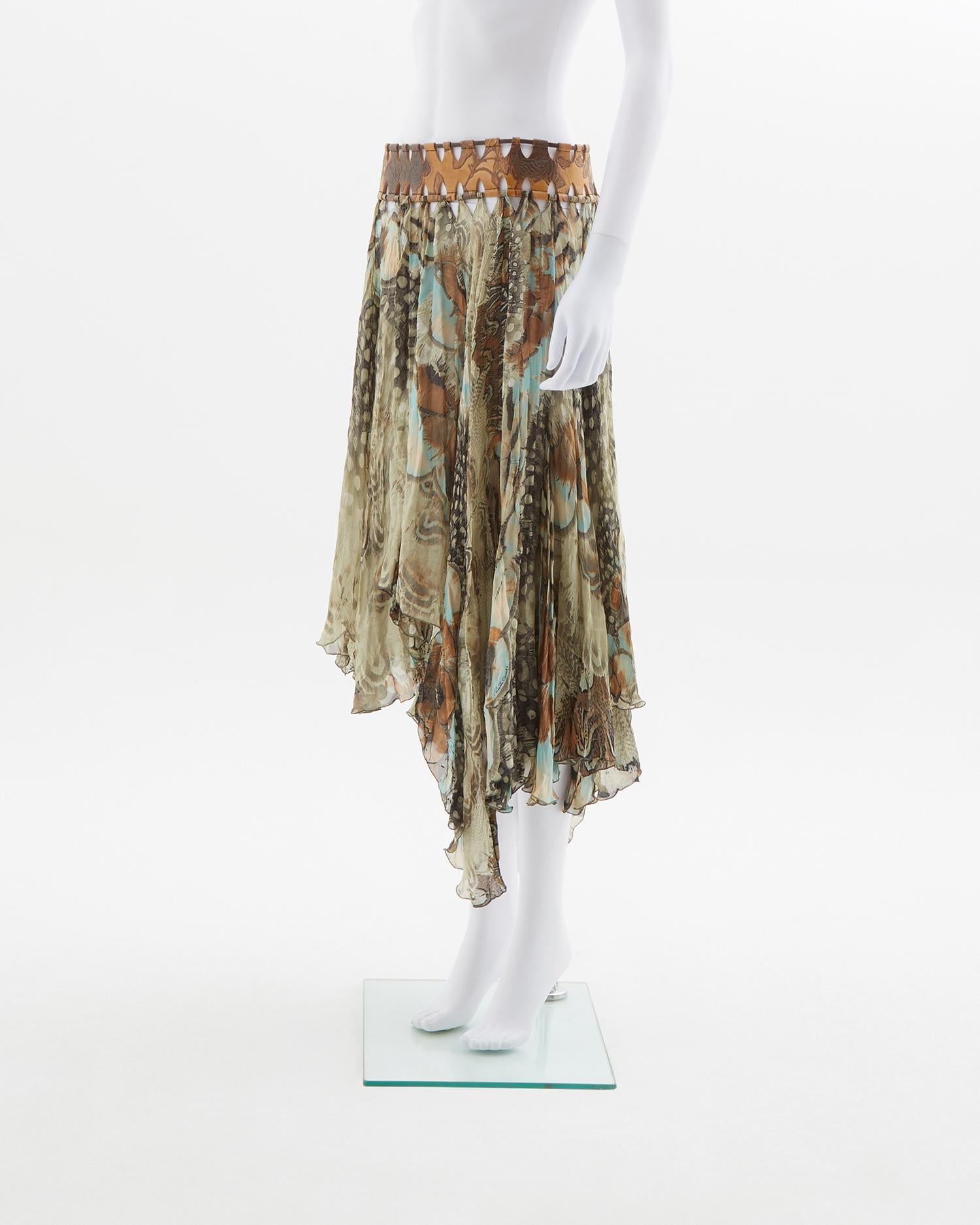 Women's Roberto Cavalli leather belt feather printed silky chiffon skirt, ss 2004