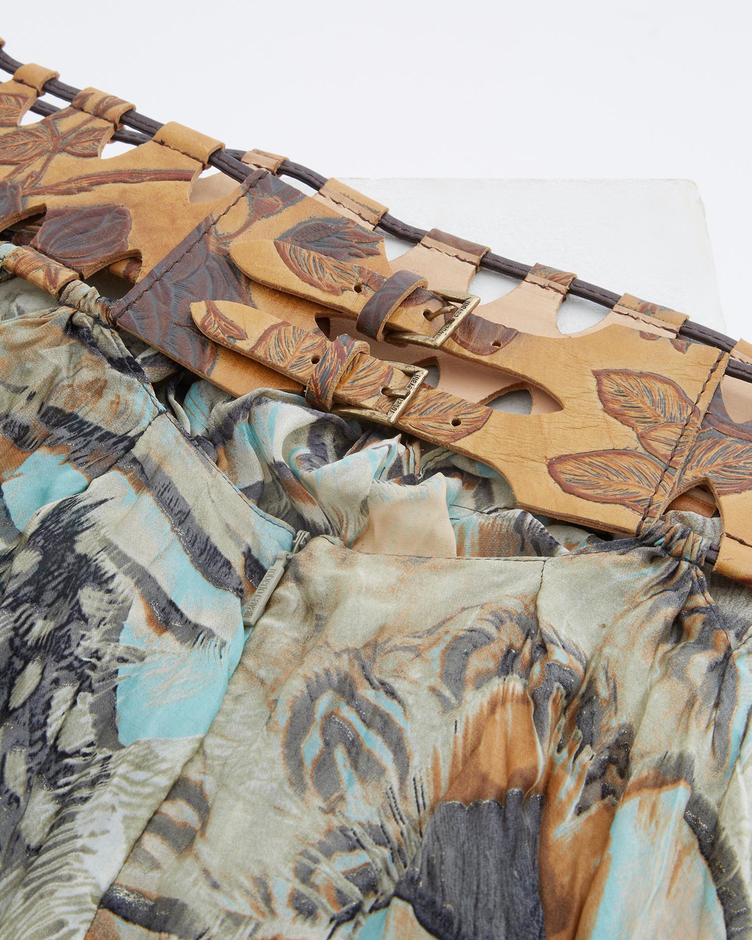 Roberto Cavalli leather belt feather printed silky chiffon skirt, ss 2004 1
