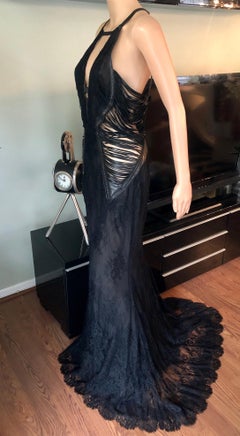 Roberto Cavalli S/S 2013 Leather Cutout Open Back Black Evening Dress Gown