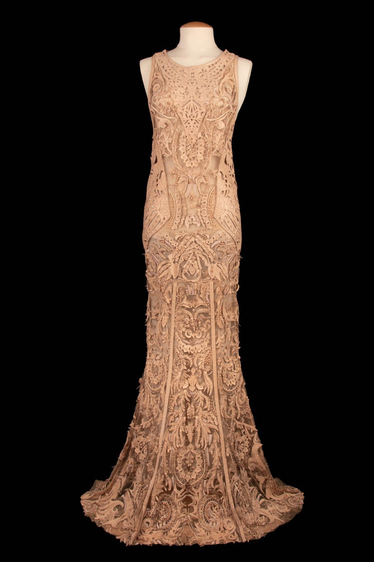 roberto cavalli leather dress 2002 Roberto Cavalli Black Leather Appliqu Sheer Mesh Low-Cut Gown
