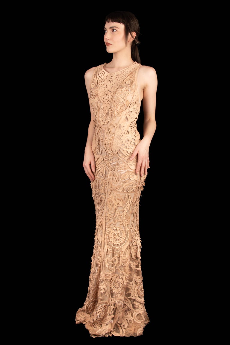 roberto cavalli leather dress 2002 Roberto Cavalli Black Leather Appliqu Sheer Mesh Low-Cut Gown