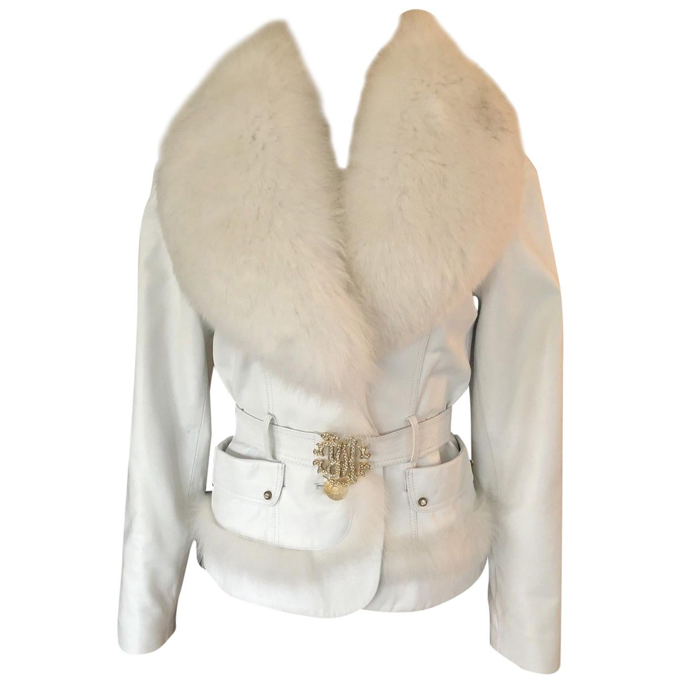 Roberto Cavalli Leather Fur Trimmed Embellished Logo Belt White Jacket Coat 