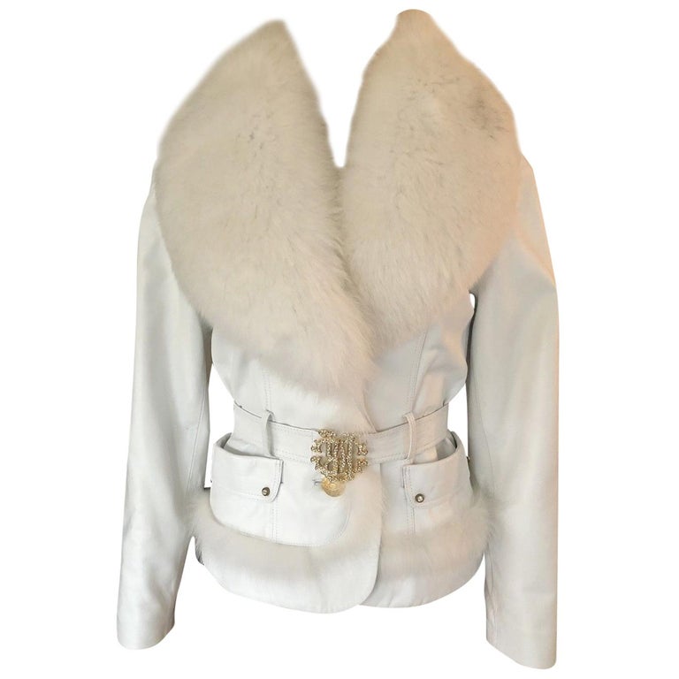 Roberto Cavalli Leather Fur Trimmed Embellished Logo Belt White Jacket Coat  at 1stDibs | white leather jacket with fur, white jacket with fur collar, white  fur belt