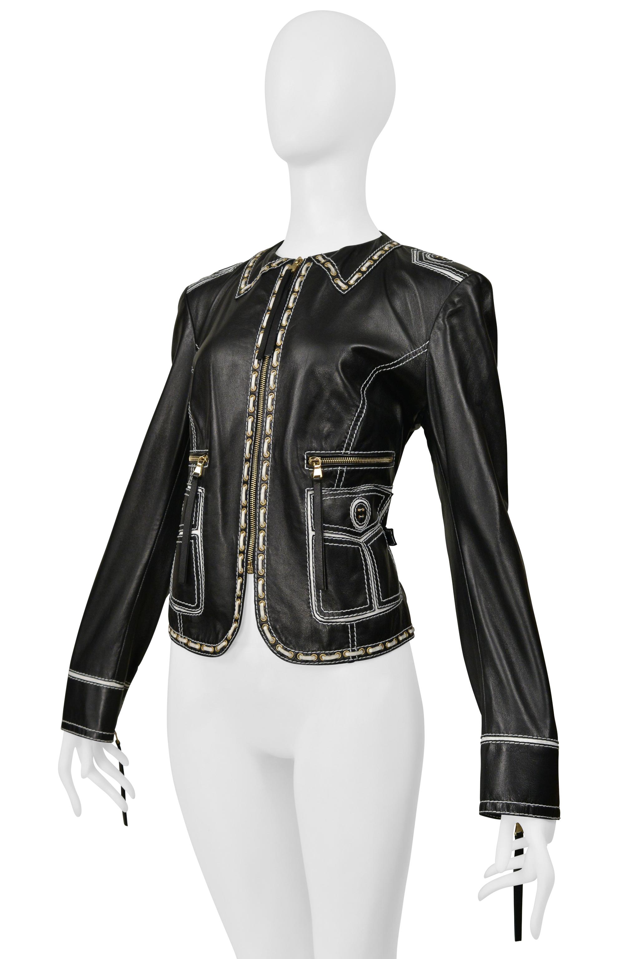 Nero Roberto Cavalli Leather Jacket With White Lace Detailing in vendita