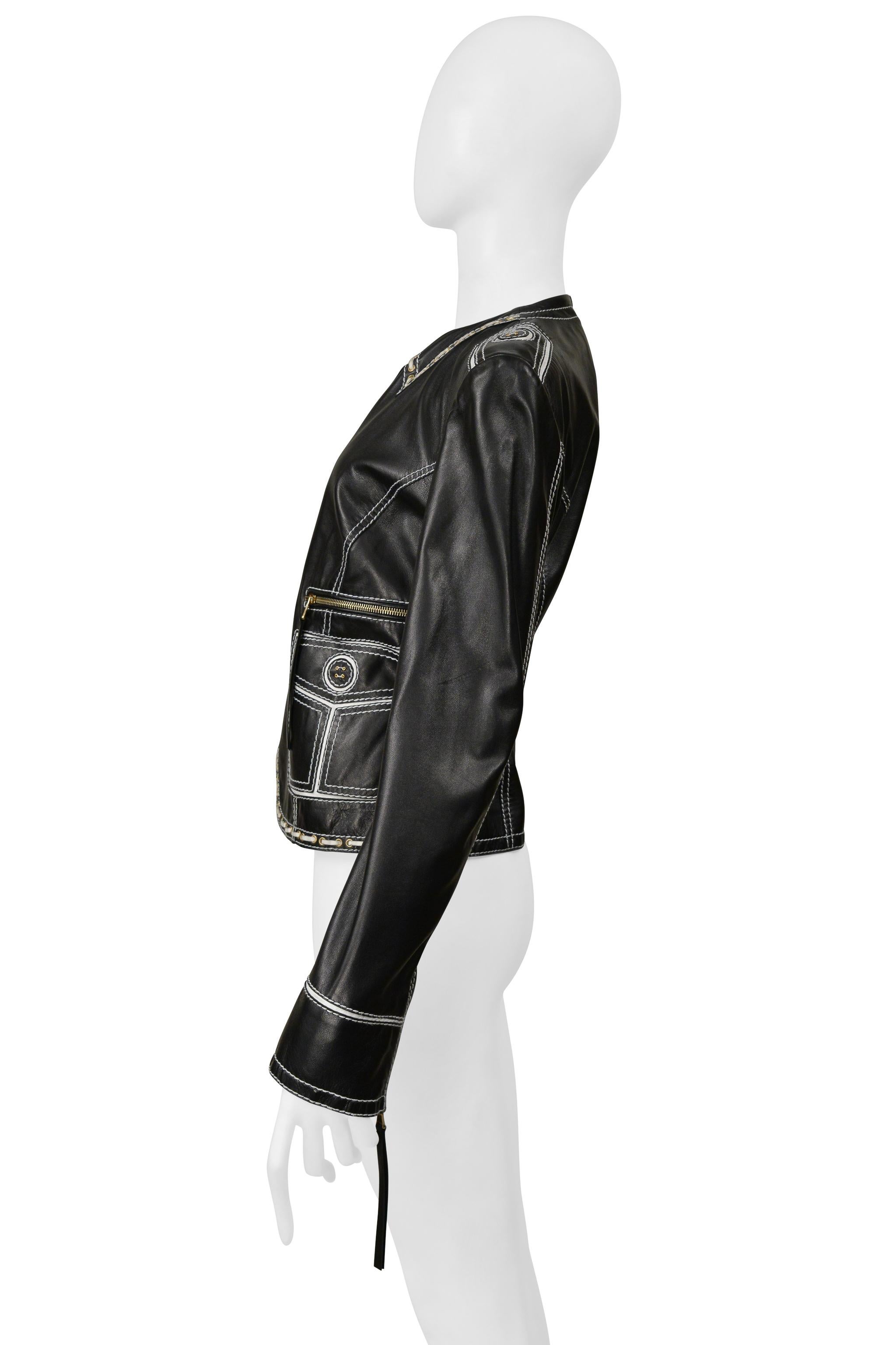 Roberto Cavalli Leather Jacket With White Lace Detailing In condizioni ottime in vendita a Los Angeles, CA