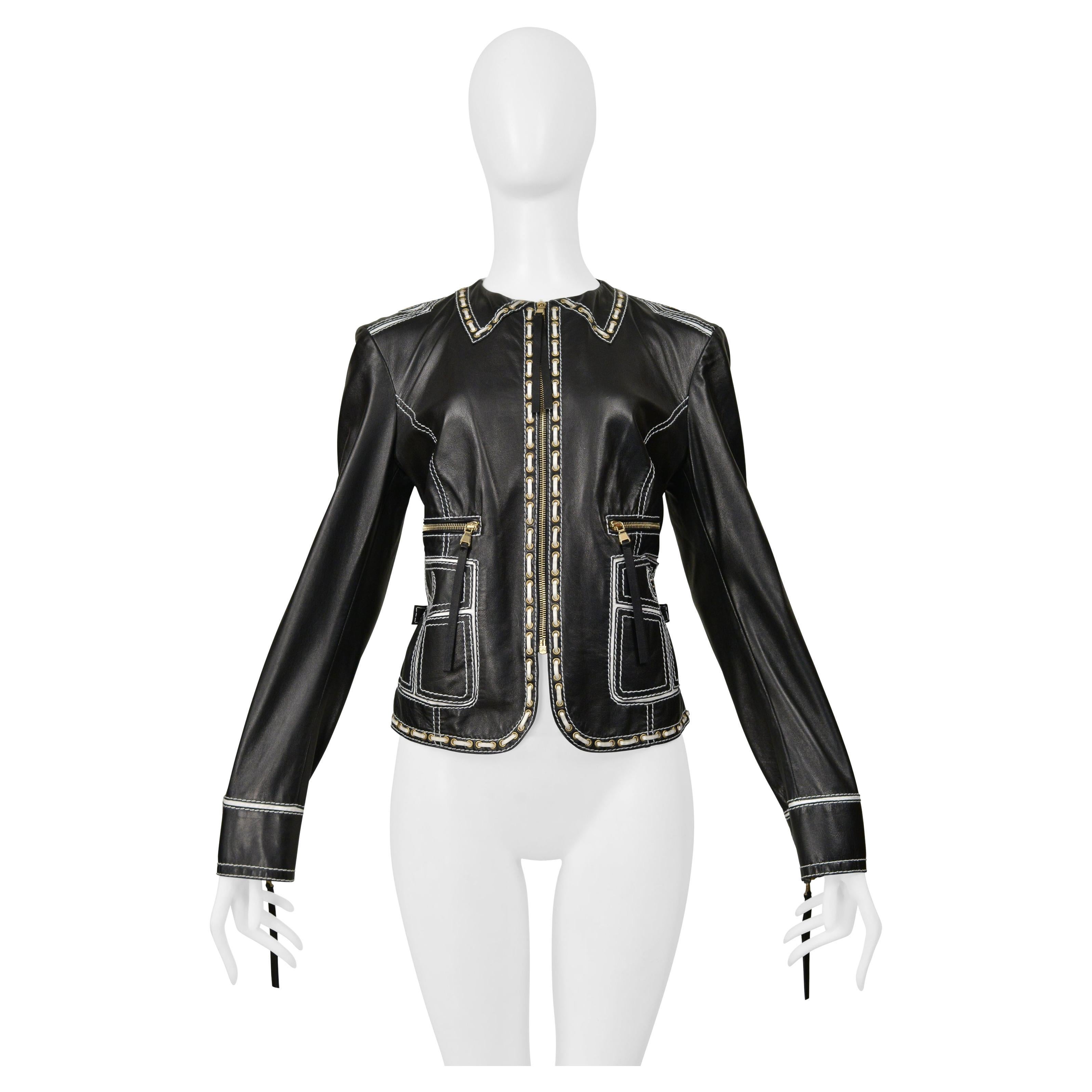 Roberto Cavalli Leather Jacket With White Lace Detailing