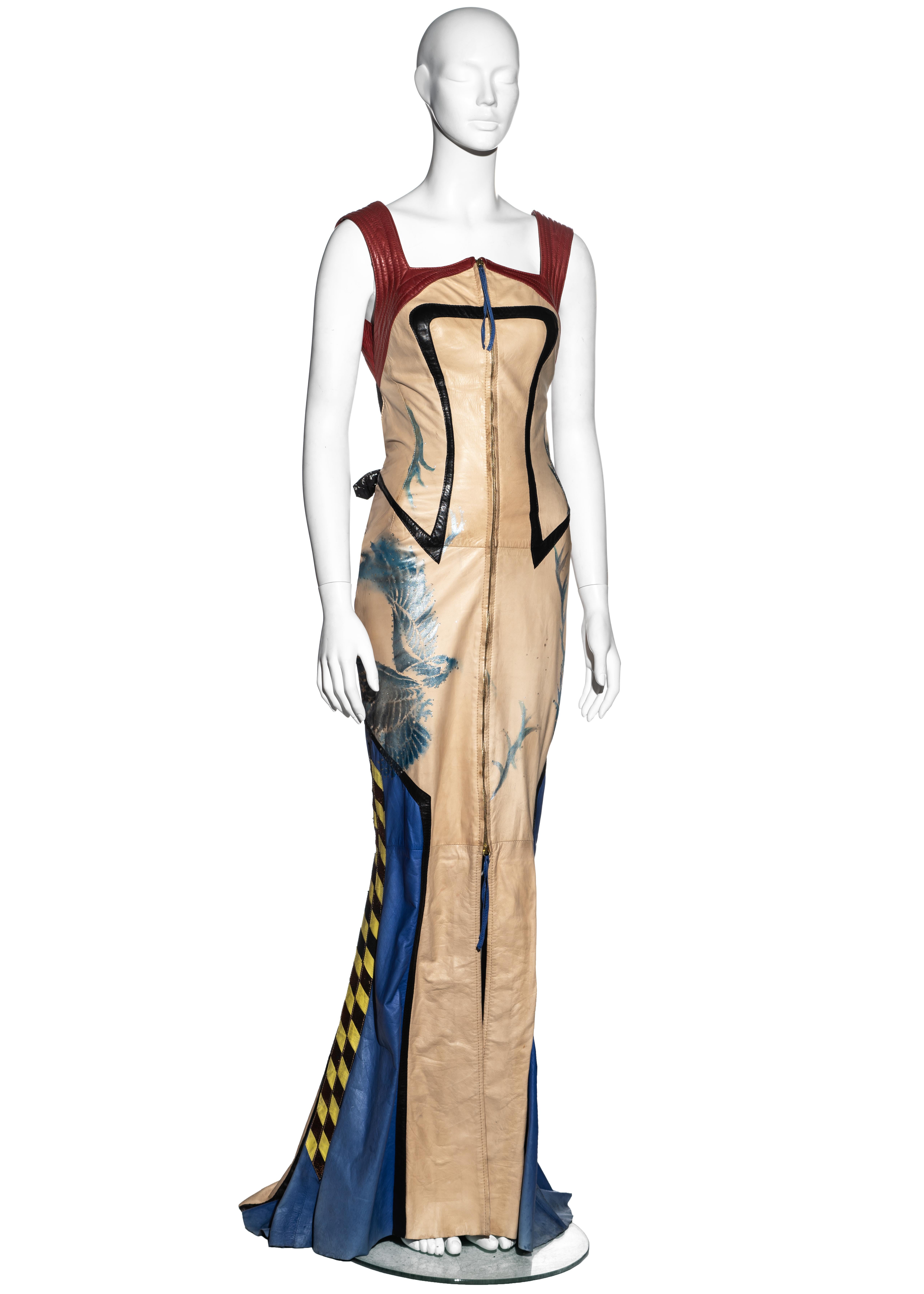 ▪ Roberto Cavalli hourglass leather maxi dress
▪ Cut and decorated like a motocross biker jacket 
▪ Red quilted leather panels at shoulders and hips 
▪ Metallic hand painted motifs 
▪ leather lace up fastening at centre back 
▪ Double ended zipper