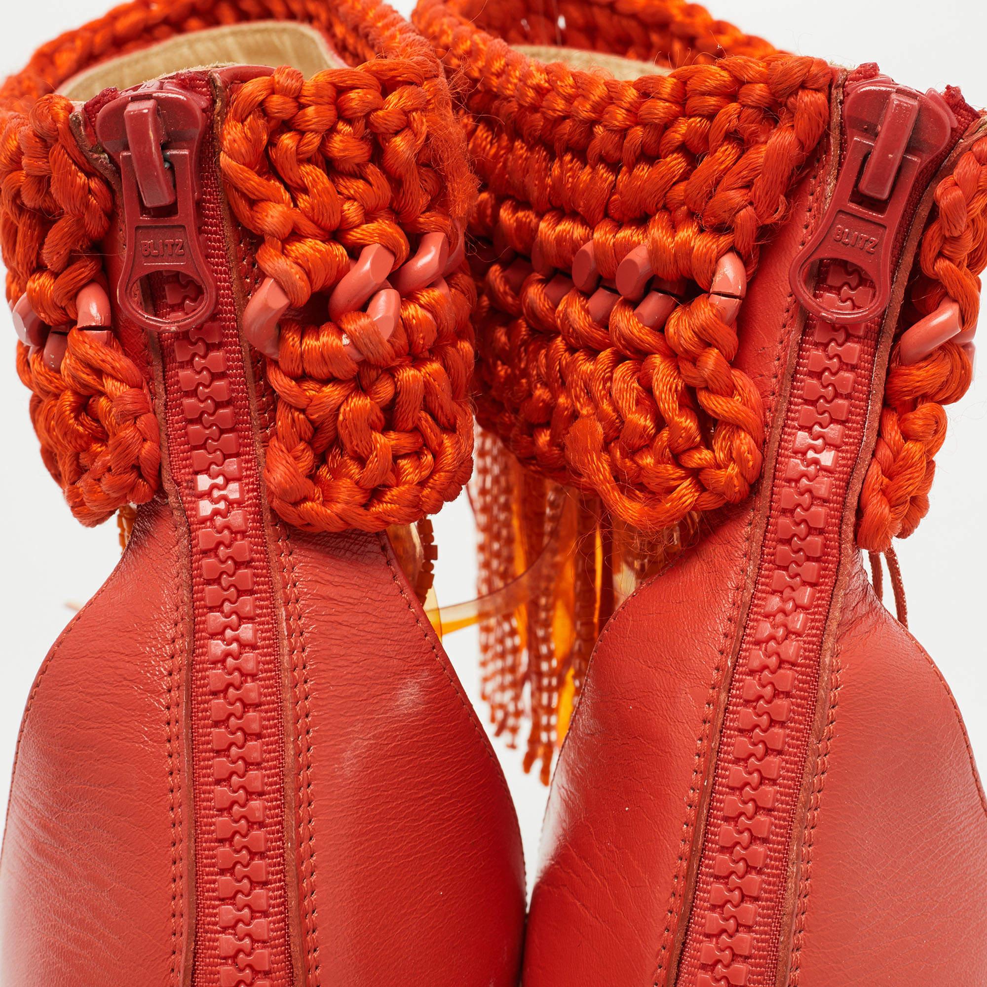Roberto Cavalli Leather & Woven Fabric Fringes Ankle Strap Sandals Size 40 For Sale 2