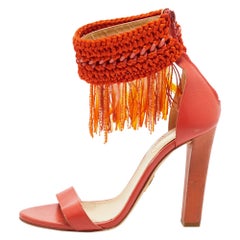 Roberto Cavalli Leather 
Woven Fabric Fringes Ankle Strap Sandals Size 40