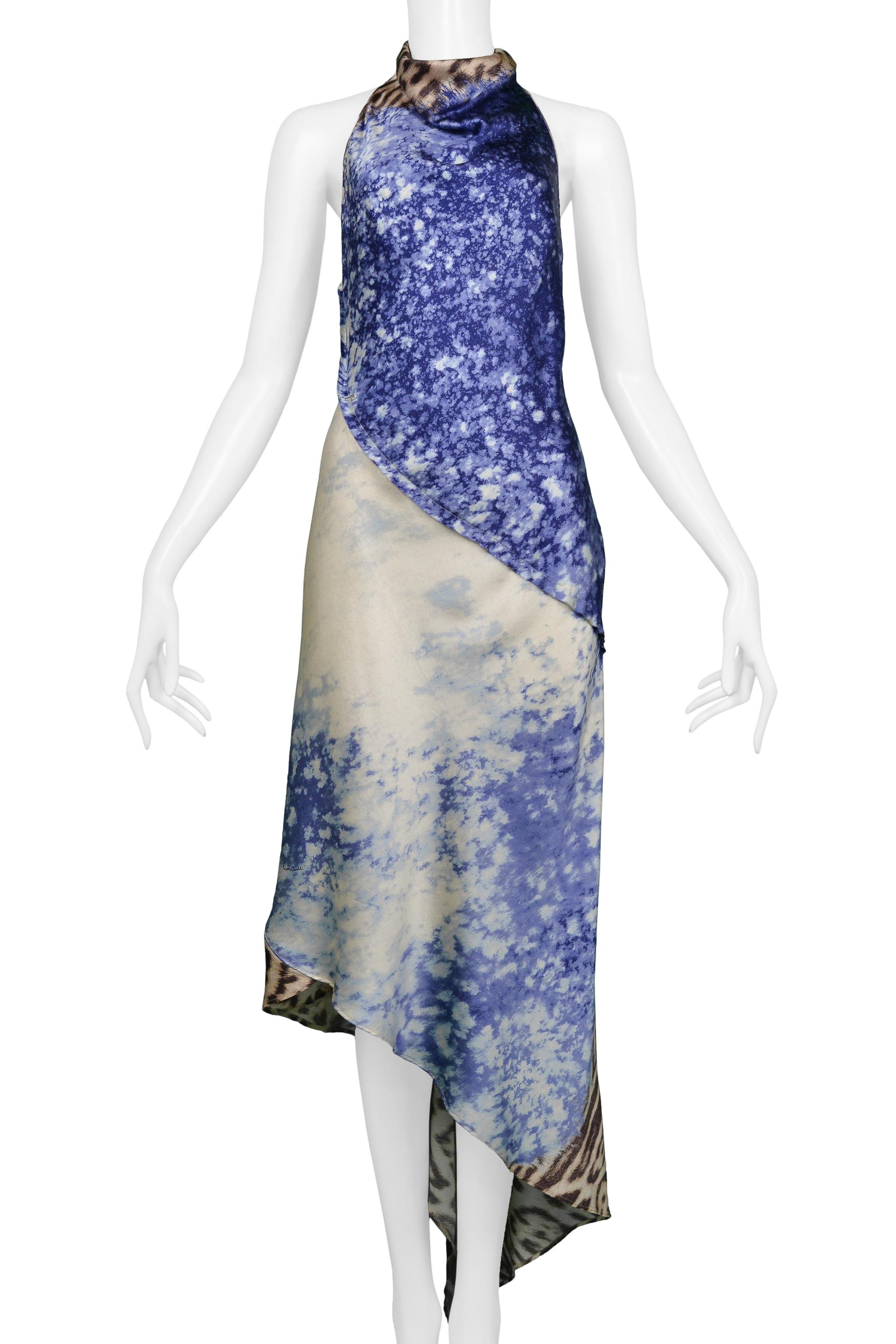 Resurrection Vintage is excited to present a vintage Roberto Cavalli animal and acid print silk halter neck dress featuring a halter bodice, cowl neck, gold hardware bodice, skinny straps, raw edges, diagonal seams and hem, high-low length. From the