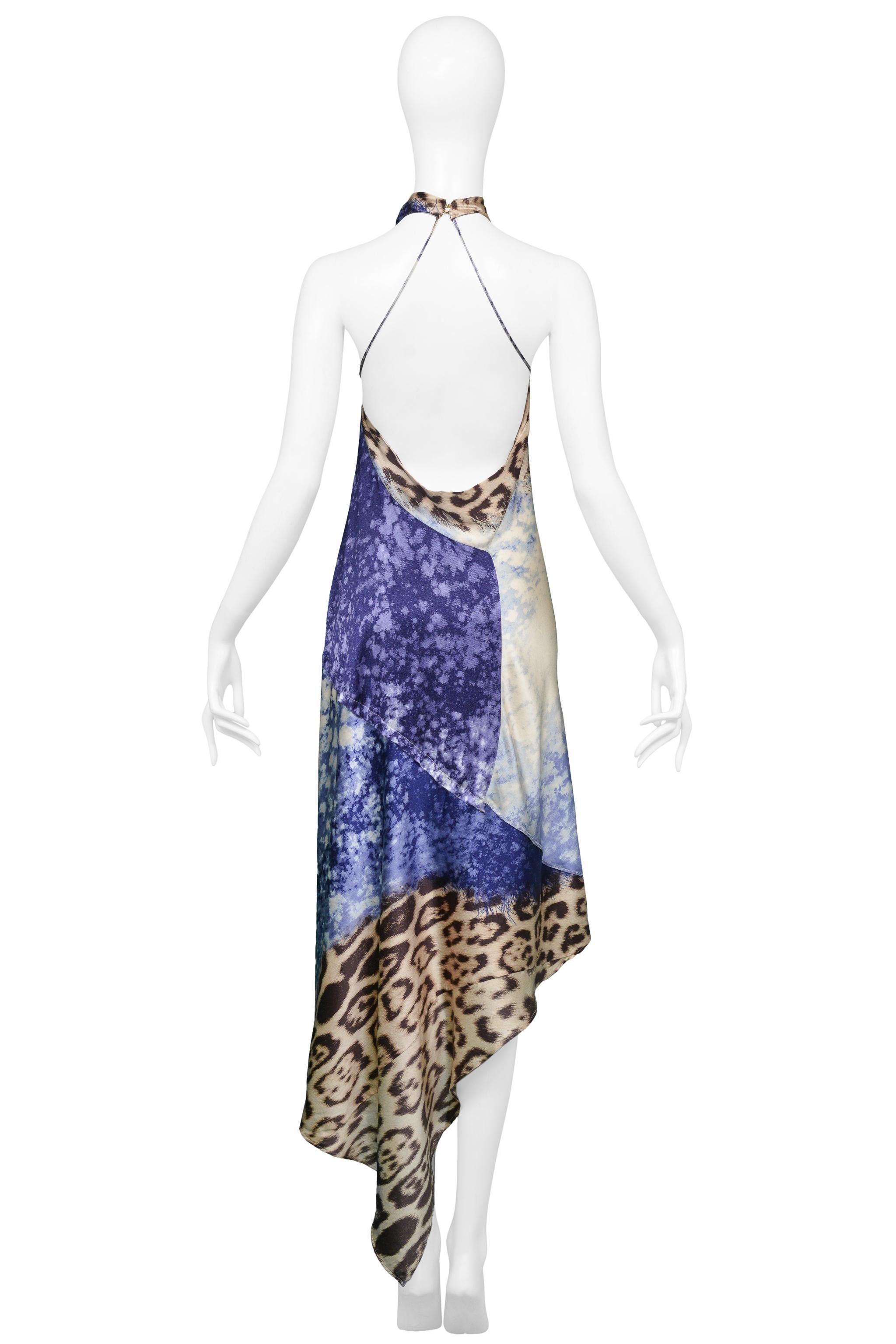 Roberto Cavalli Leopard & Blue Acid Print Halter Dress 2001 In Excellent Condition In Los Angeles, CA