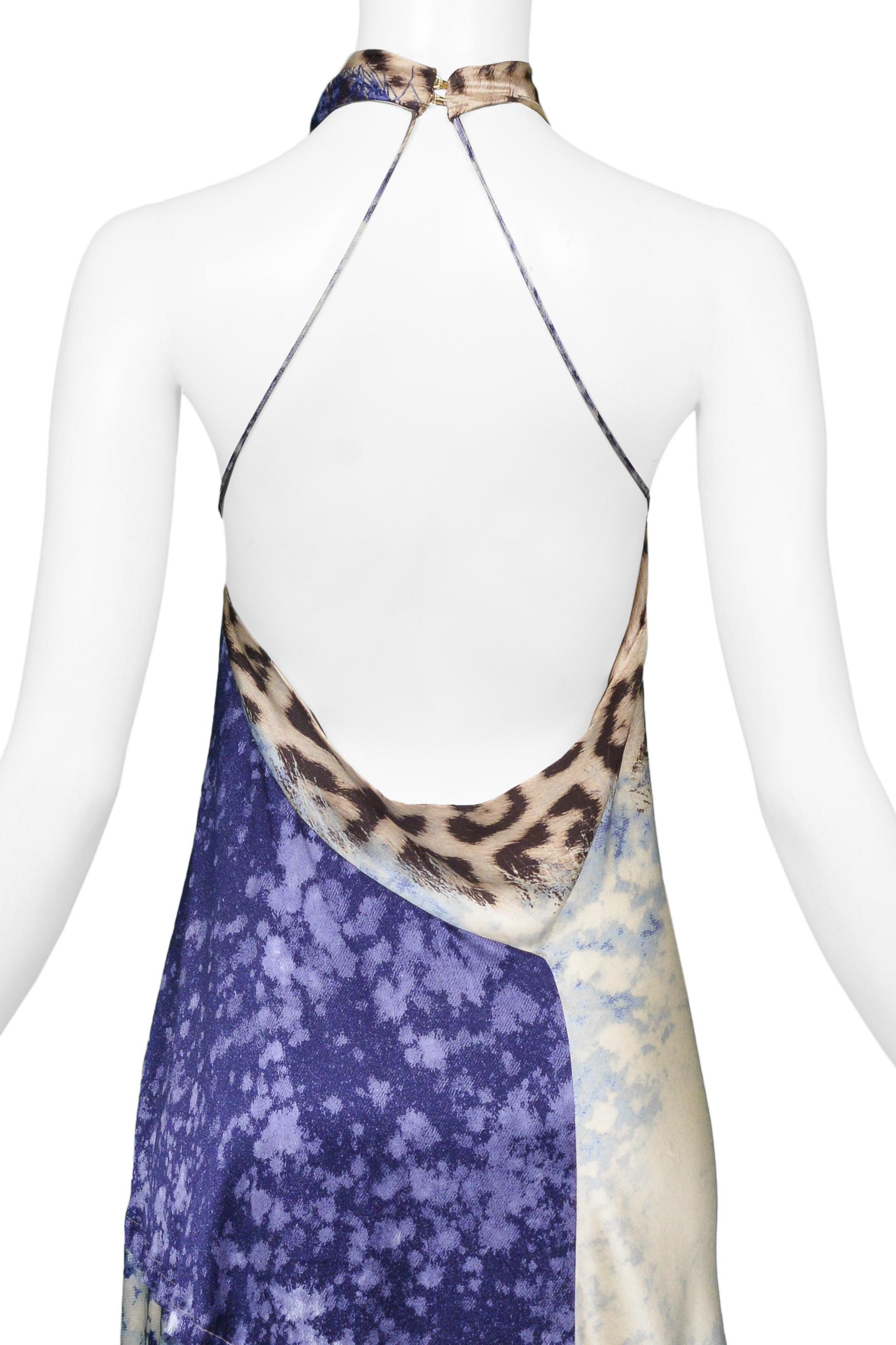 Women's Roberto Cavalli Leopard & Blue Acid Print Halter Dress 2001