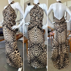 Roberto Cavalli Leopard Print Halter Style Evening Dress with Convertible Train