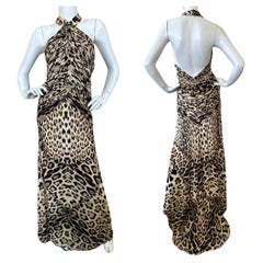 Roberto Cavalli Leopard Print Halter Style Evening Dress with Convertible Train