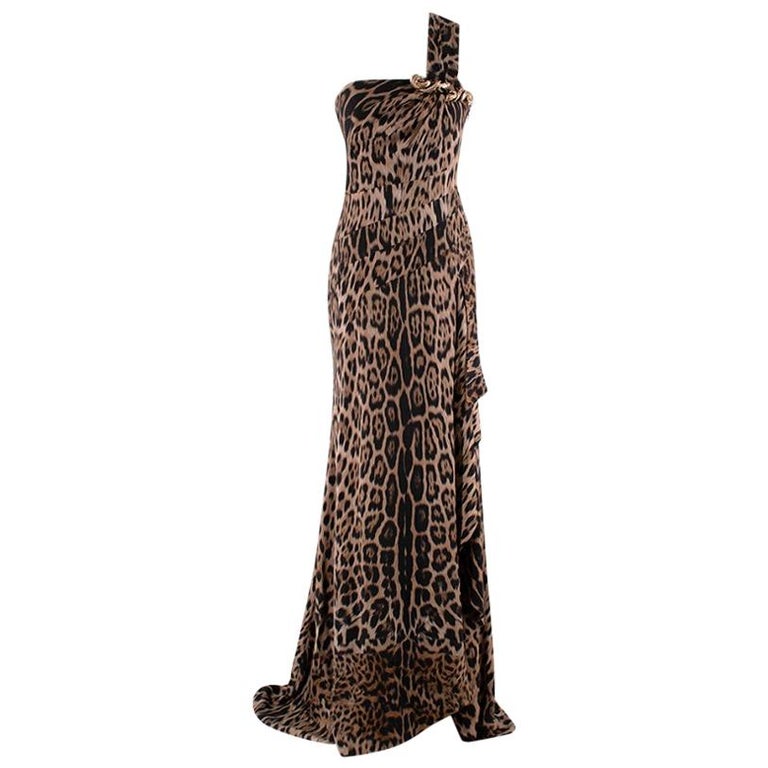 Roberto Cavalli Leopard Print One Shoulder Draped Gown - Size US4 at ...