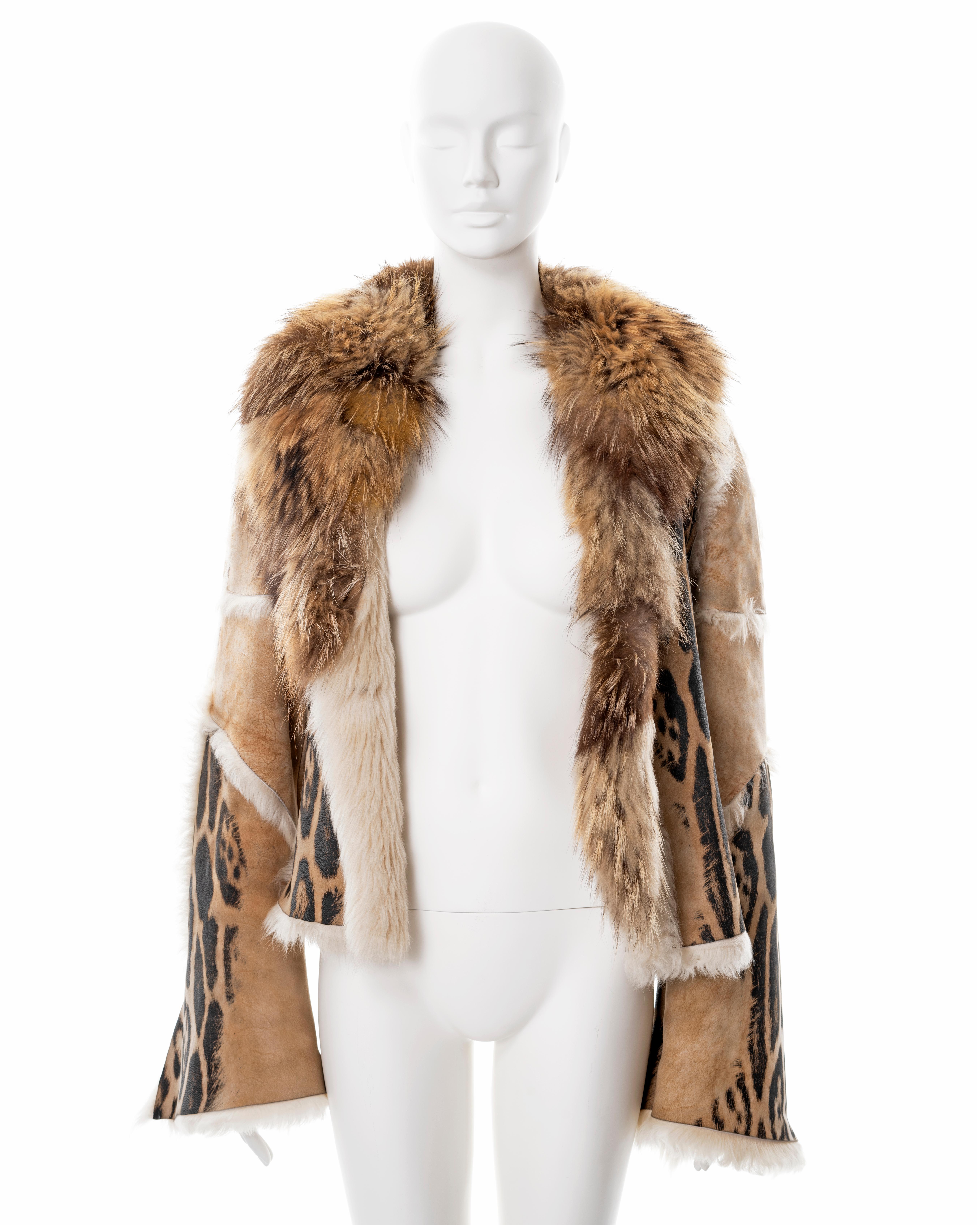 Roberto Cavalli leopard print sheepskin jacket with fox fur collar, fw 2001 In Excellent Condition In London, GB