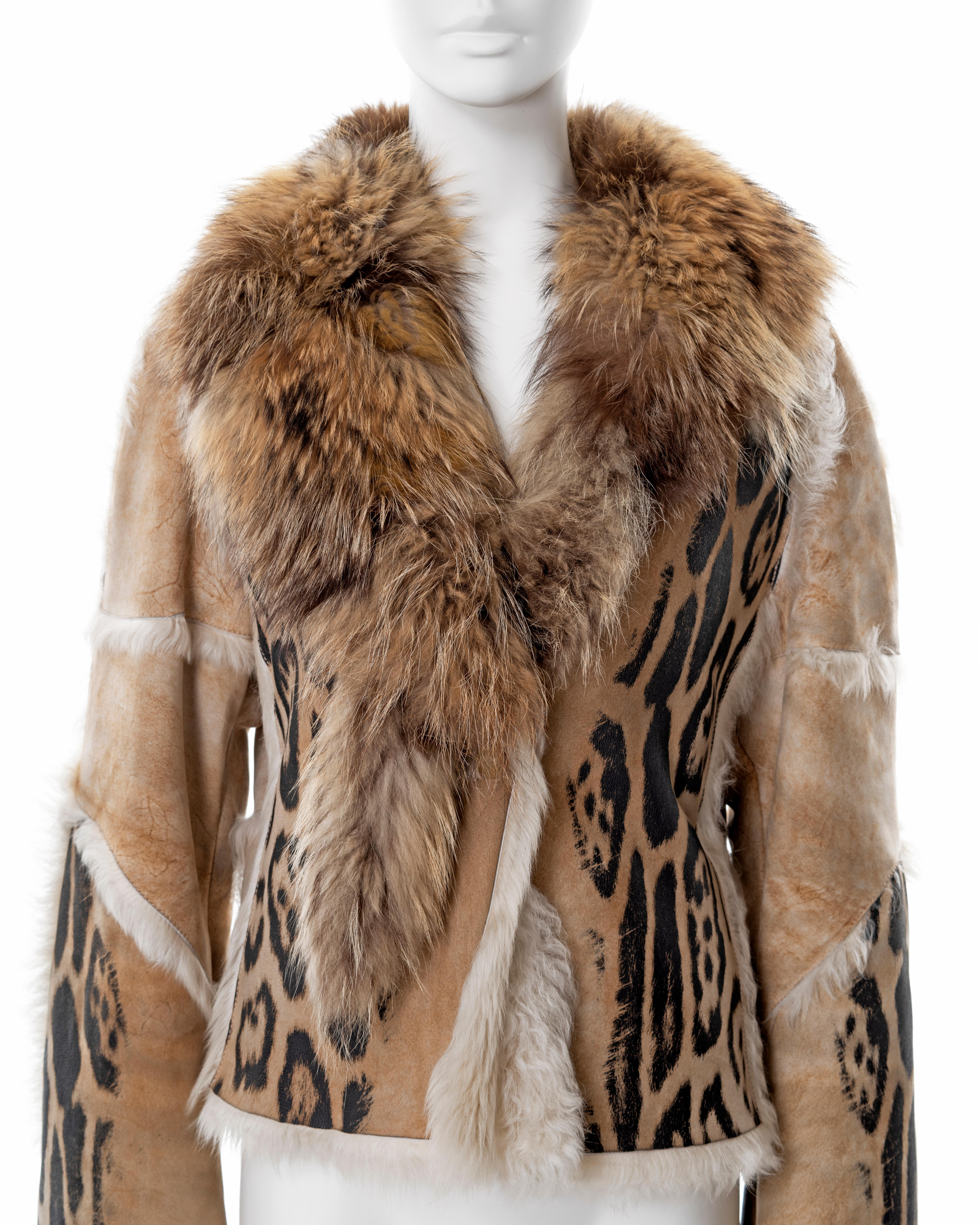 Women's Roberto Cavalli leopard print sheepskin jacket with fox fur collar, fw 2001