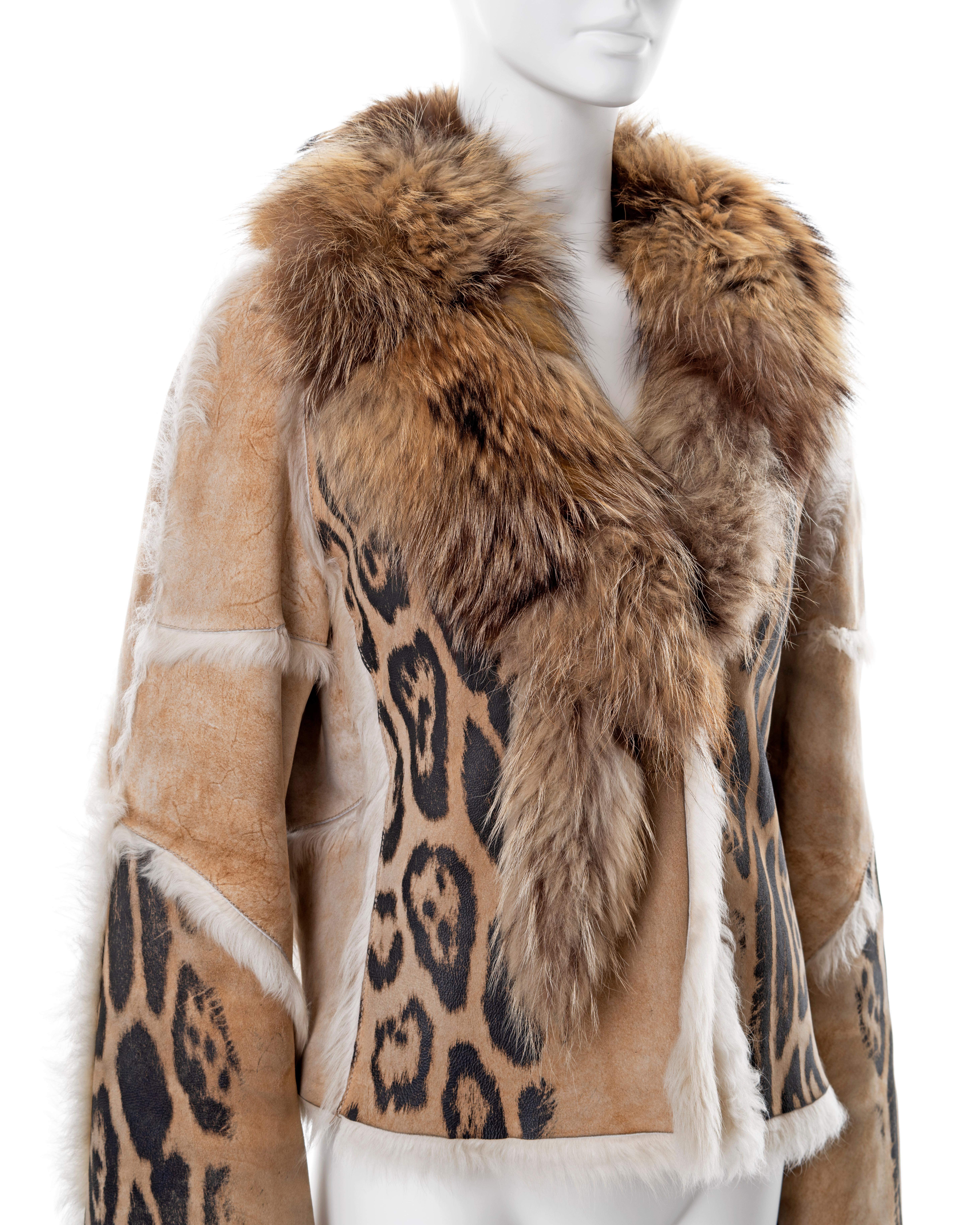 Roberto Cavalli leopard print sheepskin jacket with fox fur collar, fw 2001 2