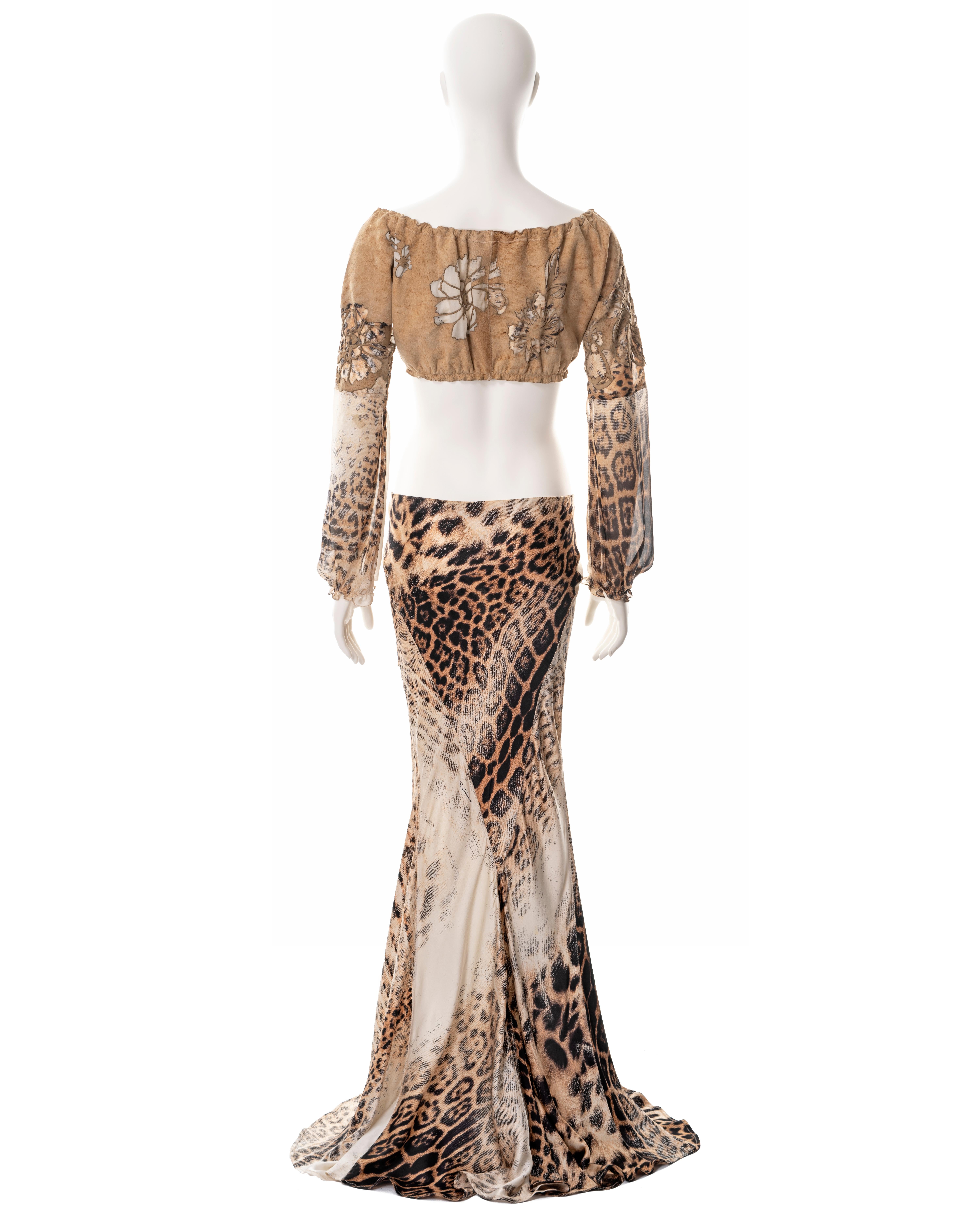 Roberto Cavalli leopard print silk and leather top and maxi skirt set, ss 2002 For Sale 6
