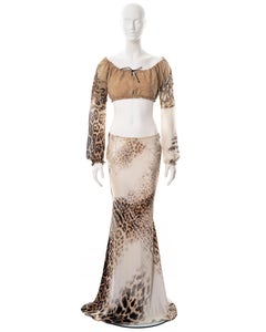 Roberto Cavalli leopard print silk and leather top and maxi skirt set, ss 2002