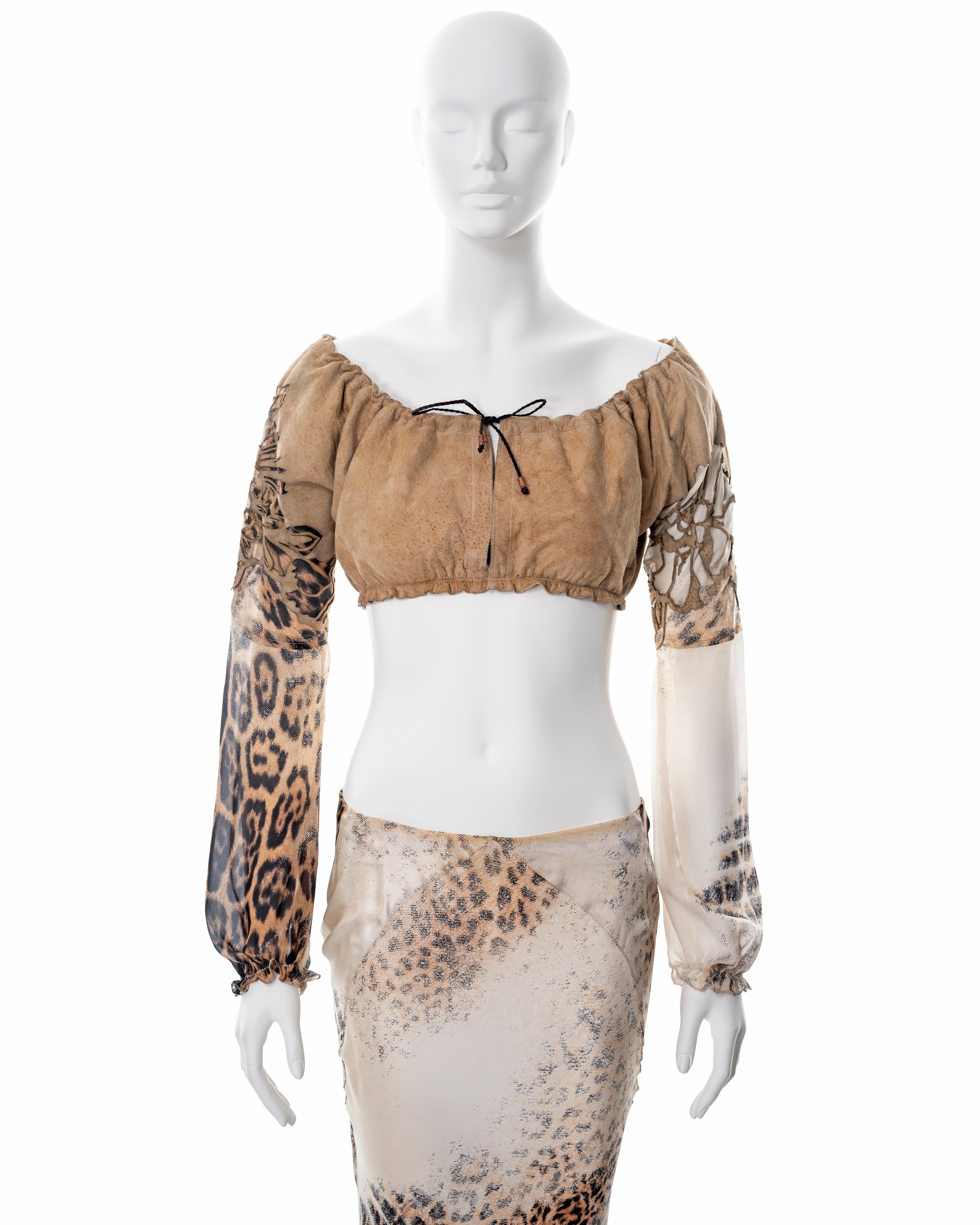 Beige Roberto Cavalli, top e maxi gonna in seta e pelle con stampa leopardata, ss 2002 in vendita