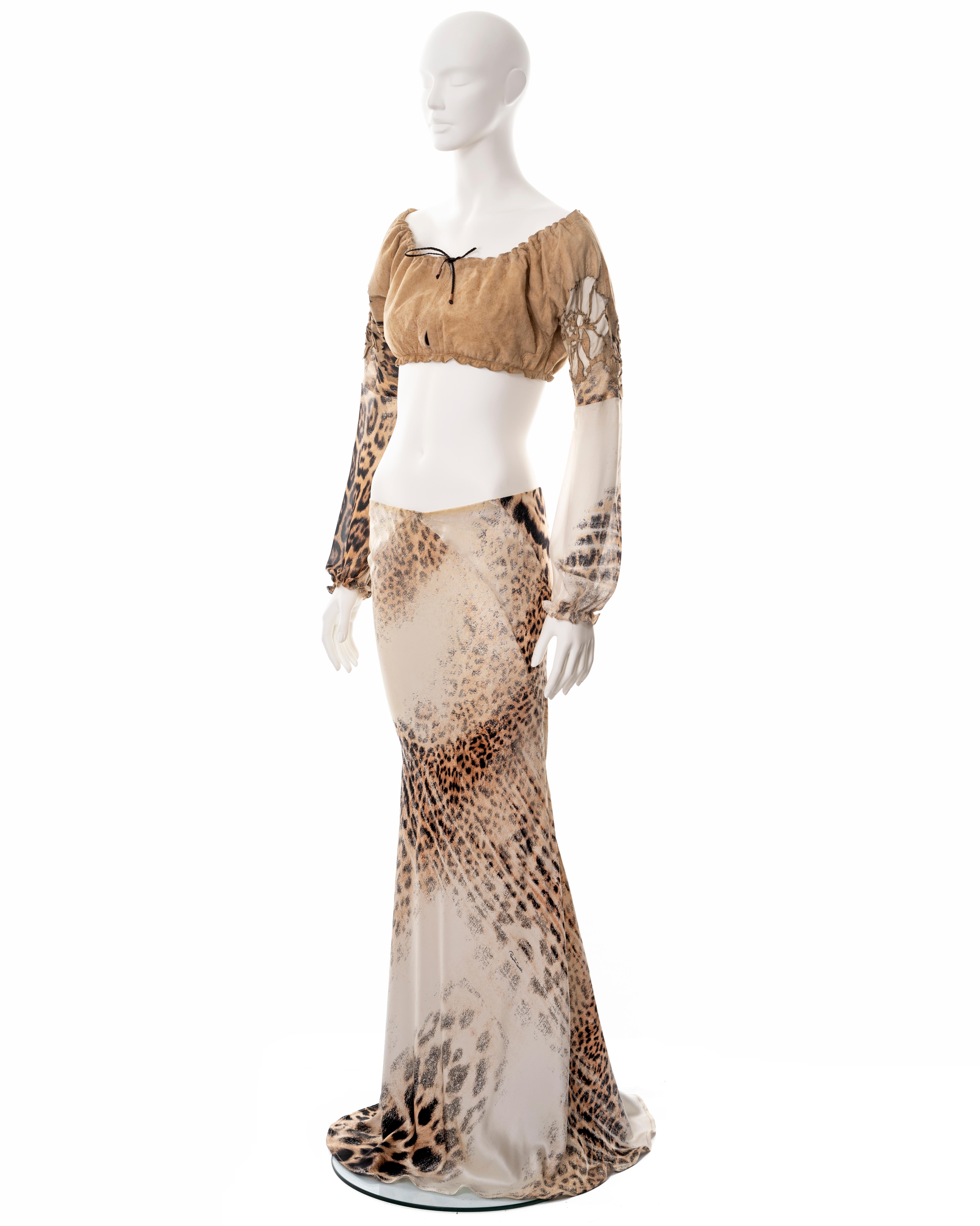 Donna Roberto Cavalli, top e maxi gonna in seta e pelle con stampa leopardata, ss 2002 in vendita