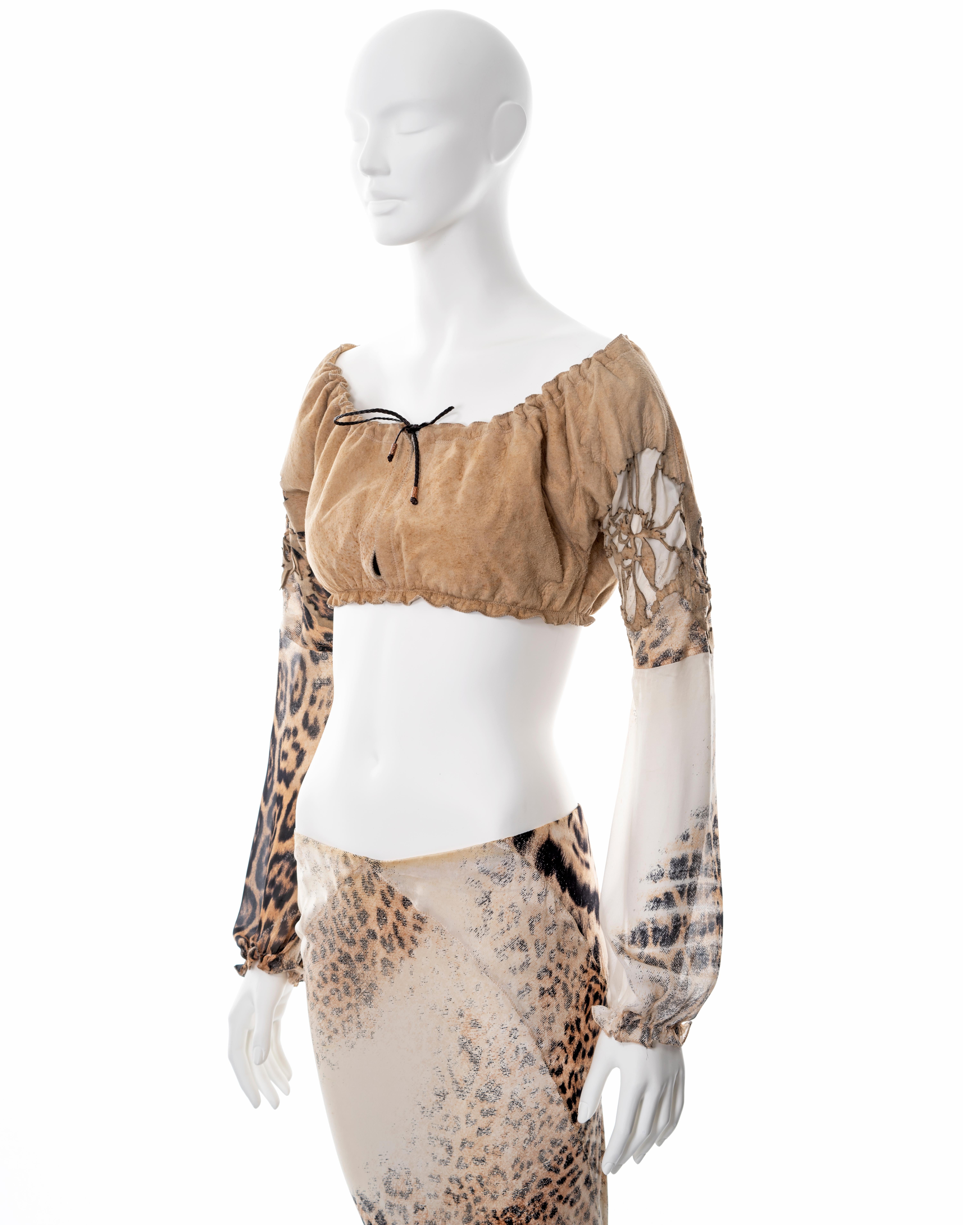 Roberto Cavalli, top e maxi gonna in seta e pelle con stampa leopardata, ss 2002 in vendita 1