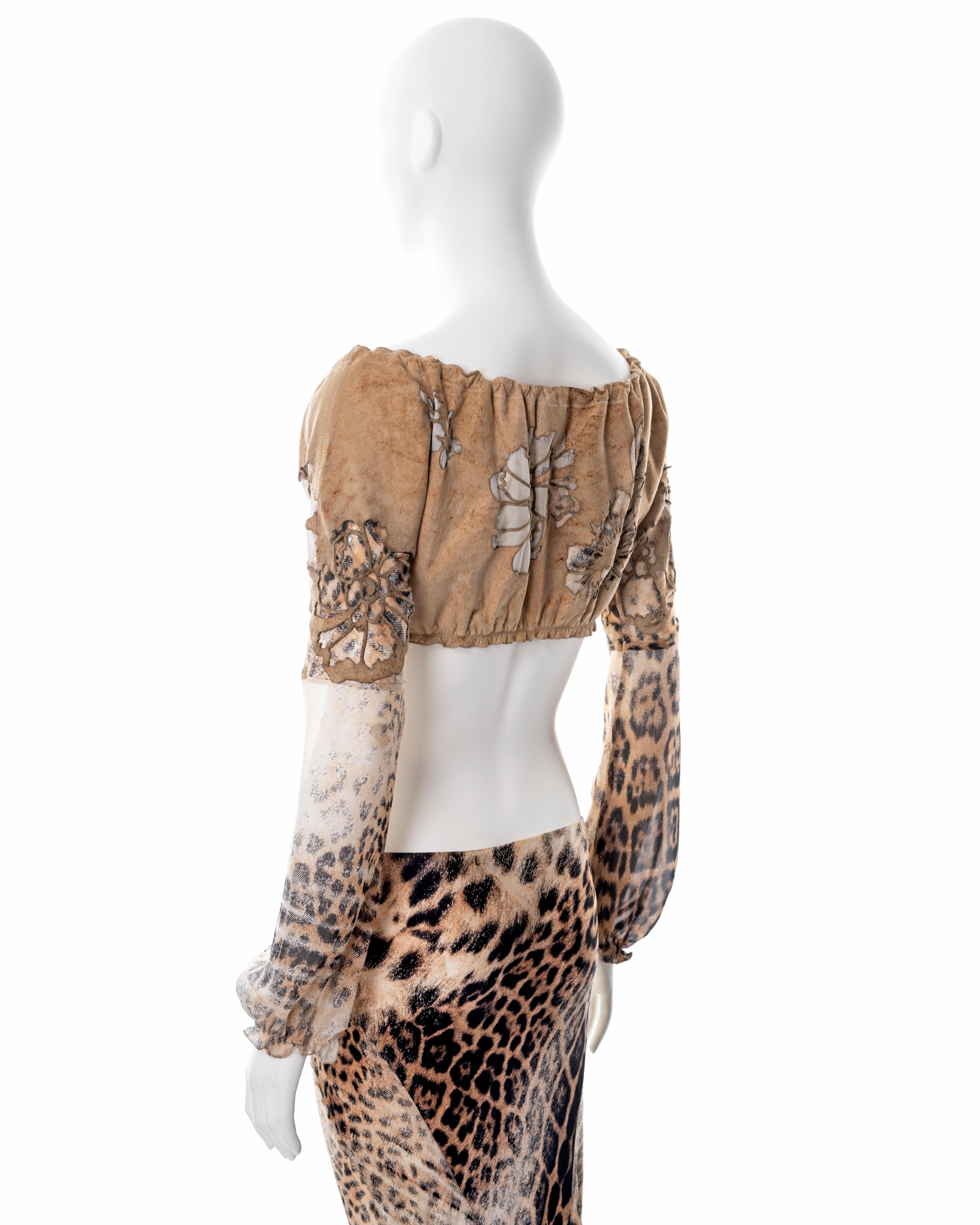 Roberto Cavalli leopard print silk and leather top and maxi skirt set, ss 2002 For Sale 5