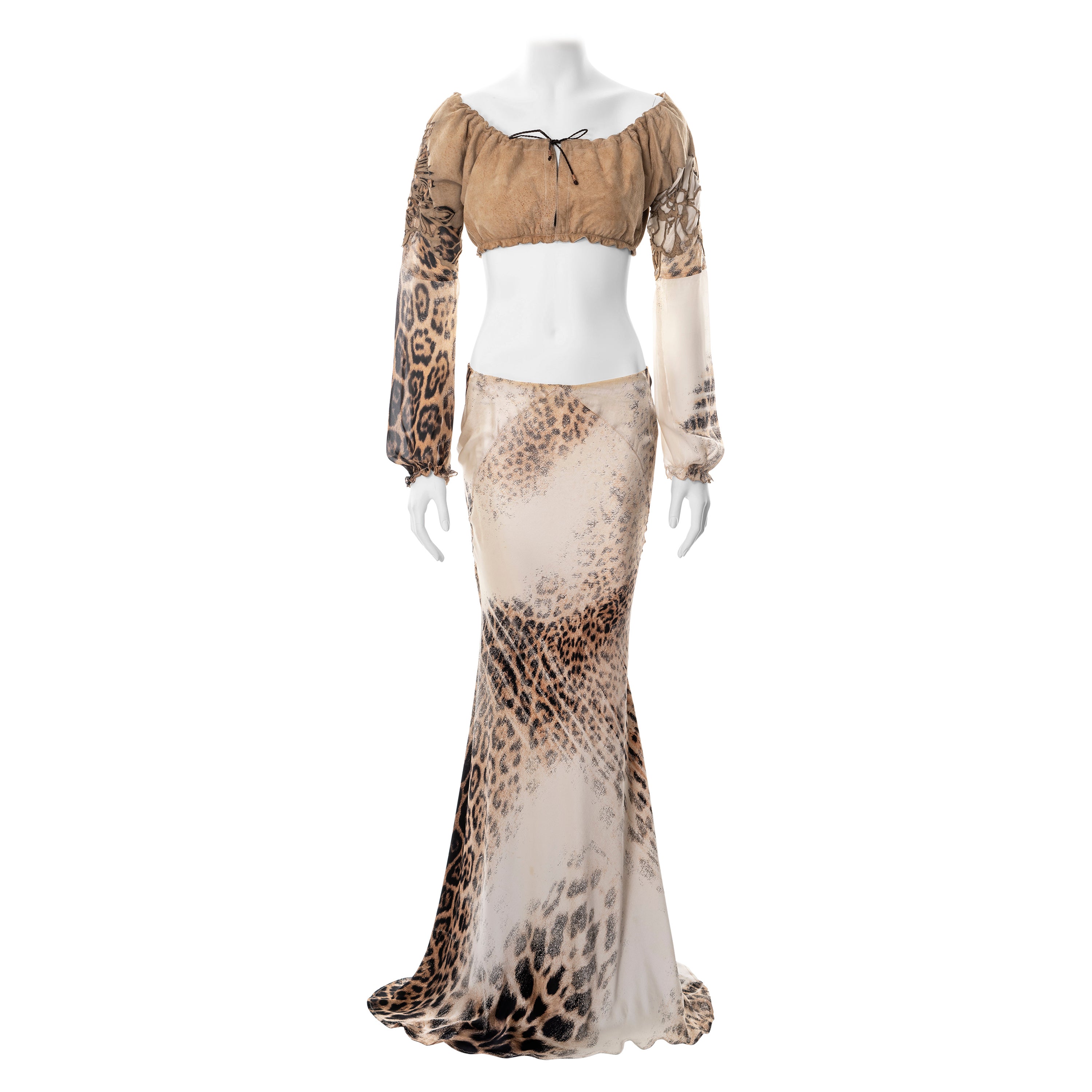 Roberto Cavalli Oberteil und Maxirock aus Seide und Leder mit Leopardenmuster, 2002