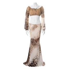 Roberto Cavalli Conjunto de top y maxifalda de seda y cuero con estampado de leopardo, ss 2002