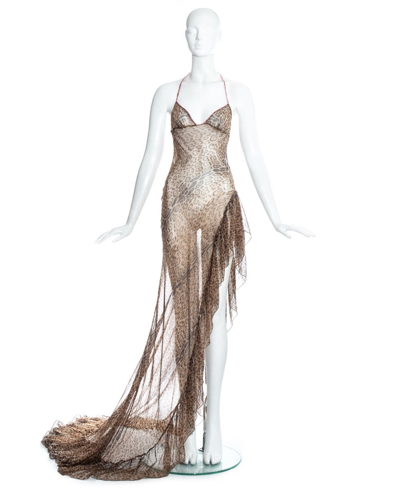 Roberto Cavalli leopard print silk chiffon evening dress with high leg