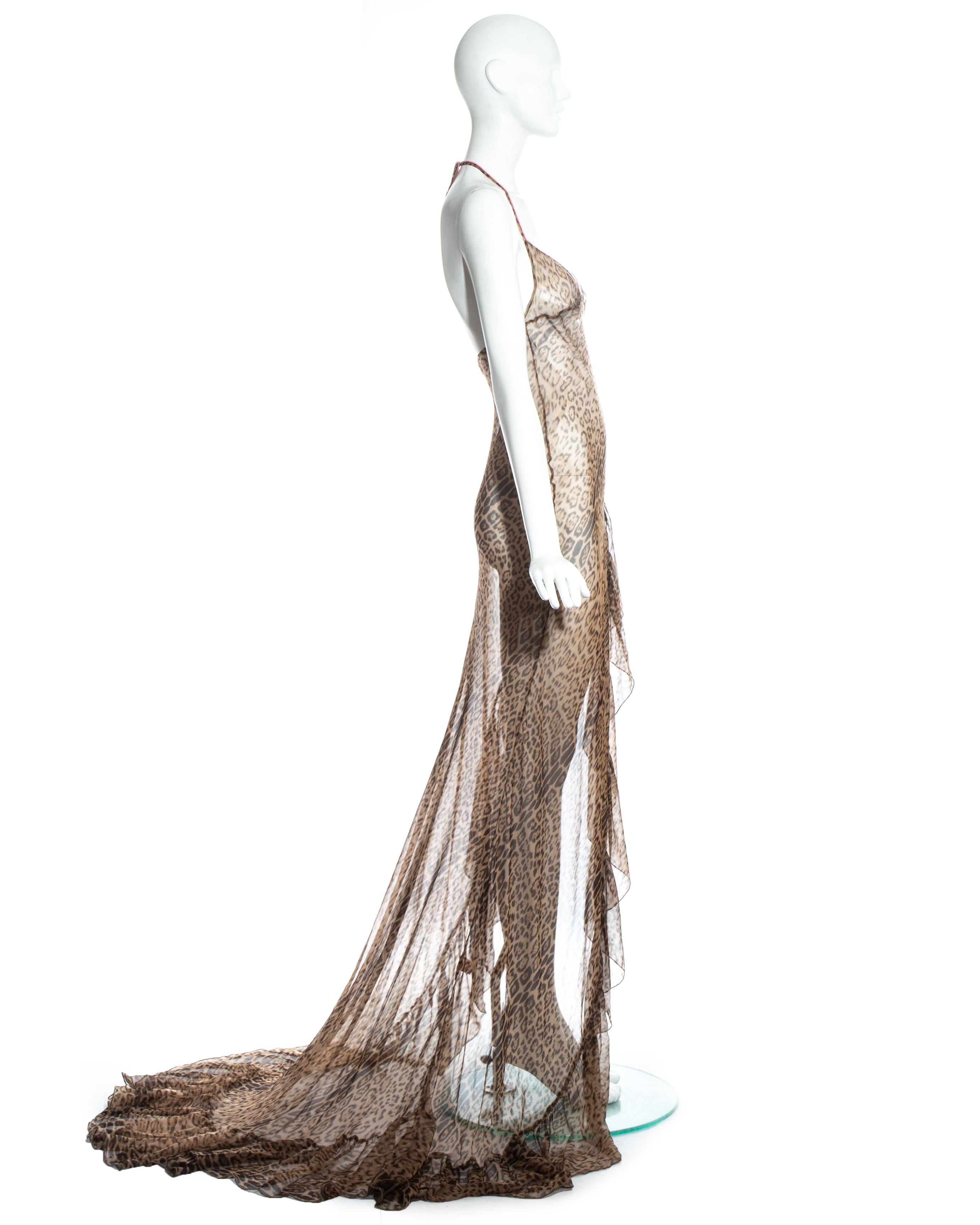 Gray Roberto Cavalli leopard print silk chiffon evening dress with high leg split.