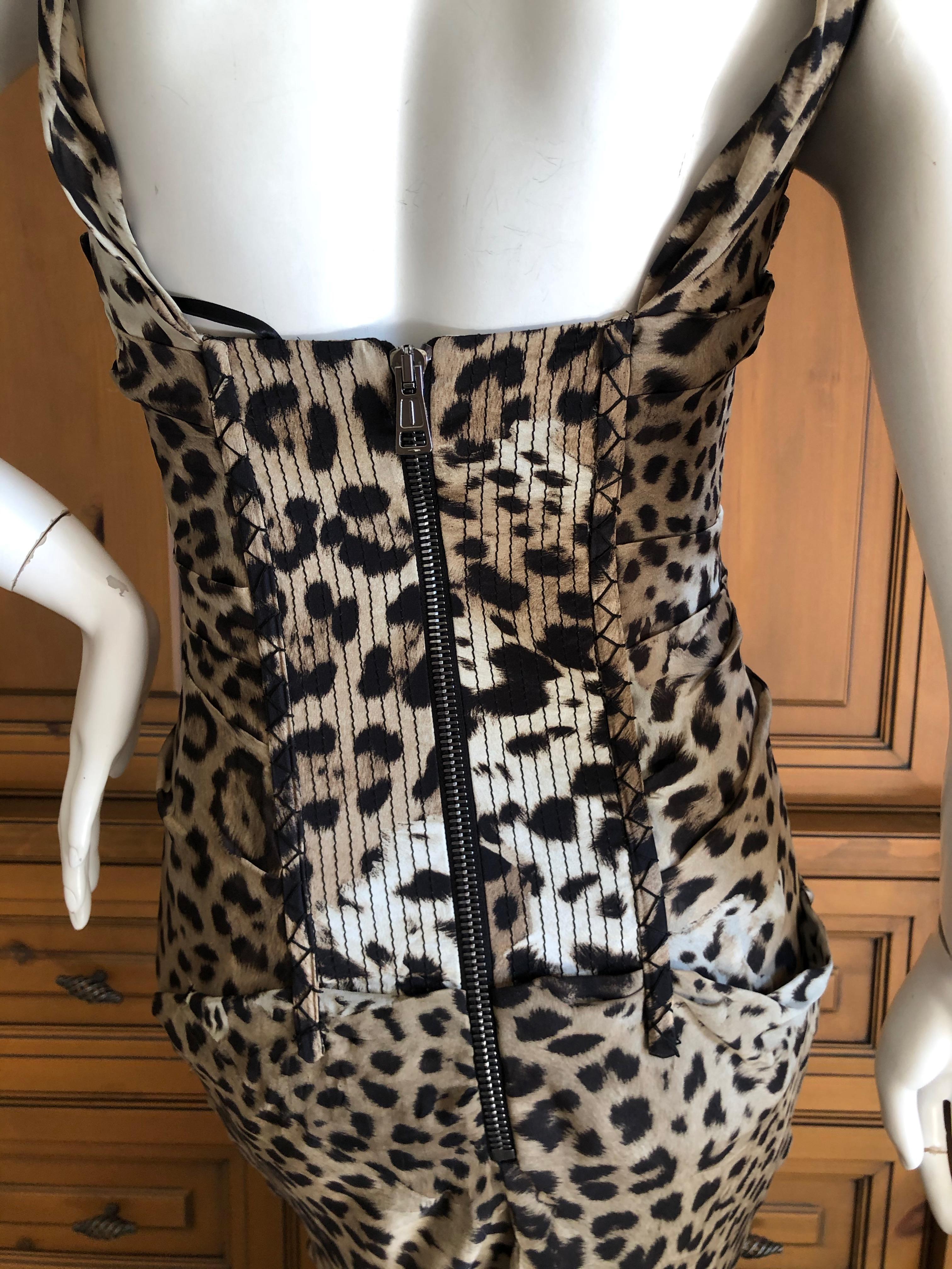 Roberto Cavalli Leopard Print Silk Evening Dress w Full Corset Bodysuit & Train For Sale 2