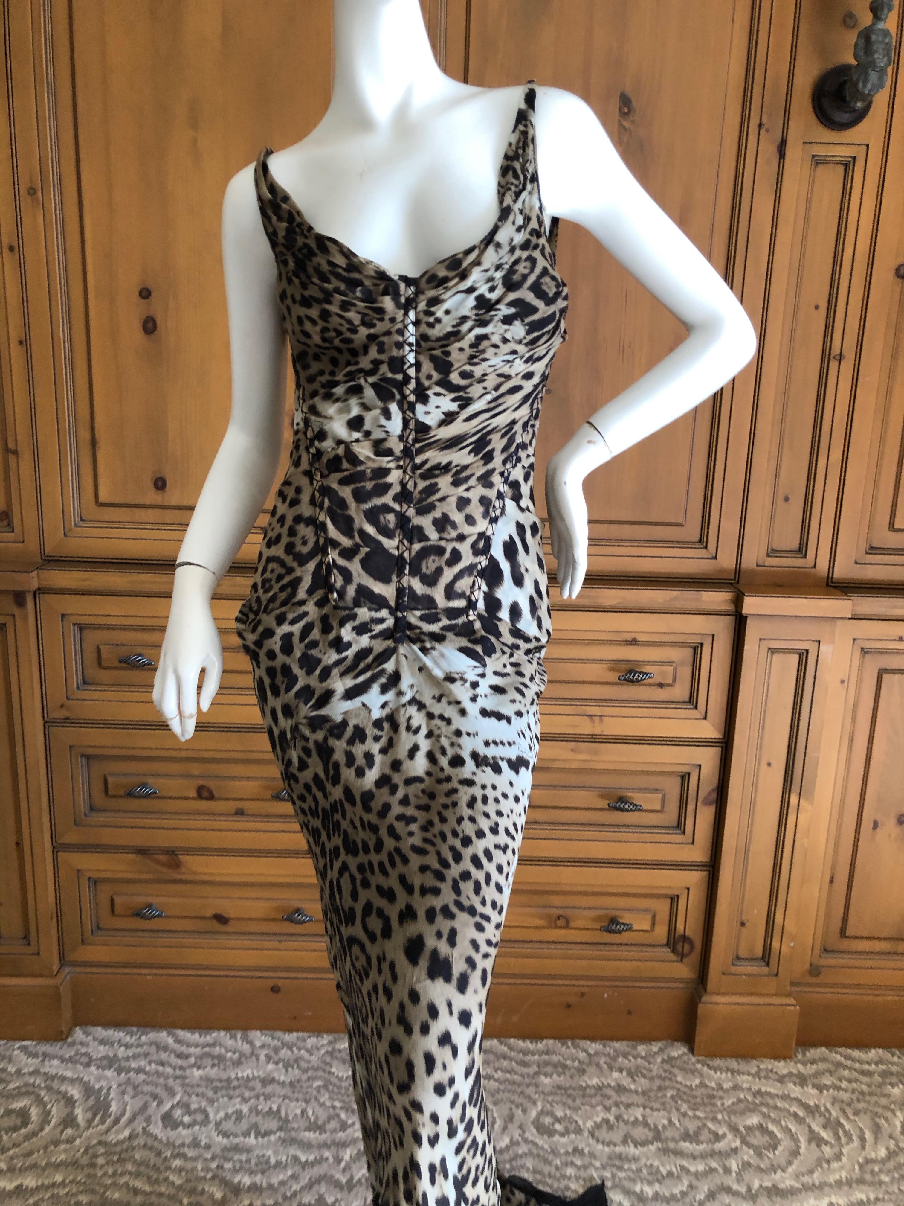 Black Roberto Cavalli Leopard Print Silk Evening Dress w Full Corset Bodysuit & Train For Sale