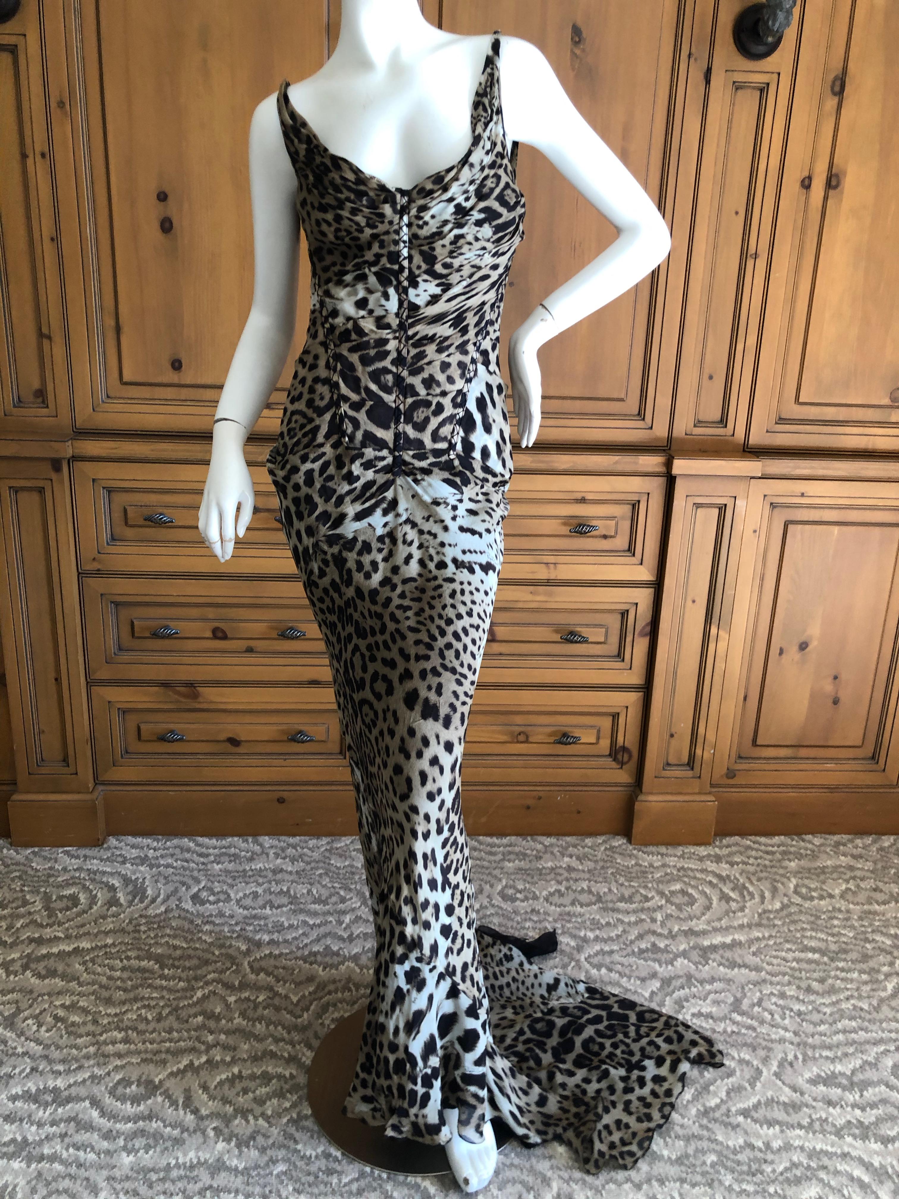 Roberto Cavalli Leopard Print Silk Evening Dress w Full Corset Bodysuit & Train In Excellent Condition For Sale In Cloverdale, CA