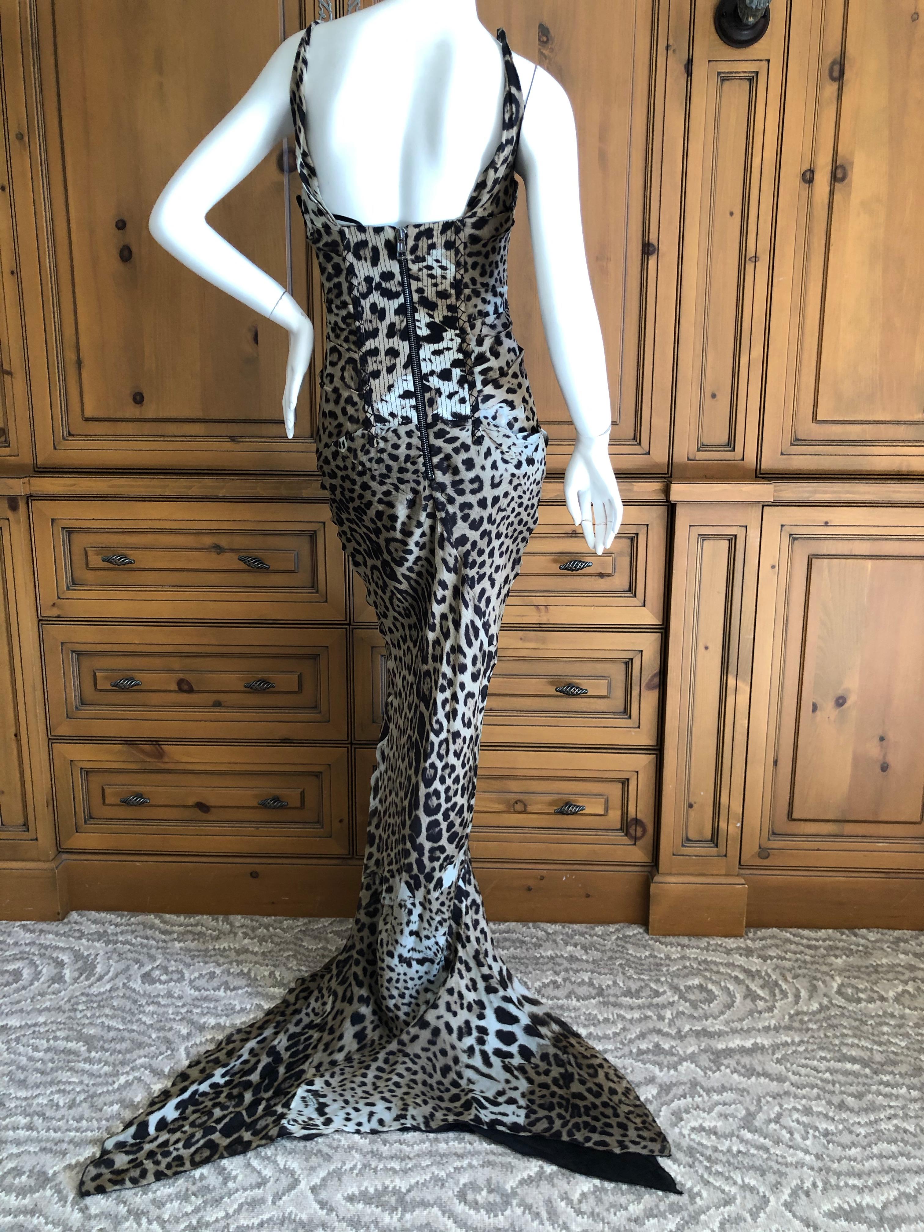 Roberto Cavalli Leopard Print Silk Evening Dress w Full Corset Bodysuit & Train For Sale 1