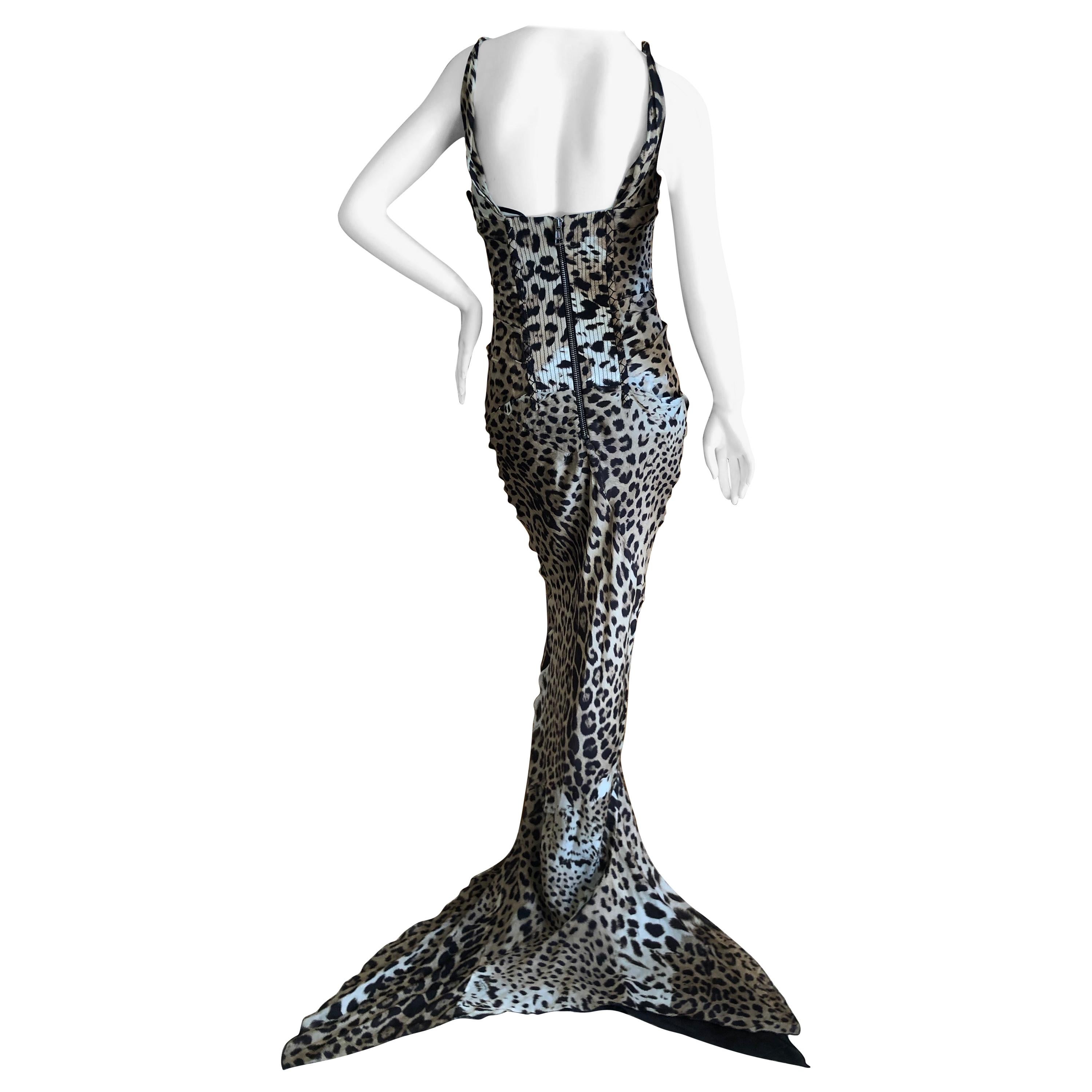 Roberto Cavalli Leopard Print Silk Evening Dress w Full Corset Bodysuit & Train For Sale