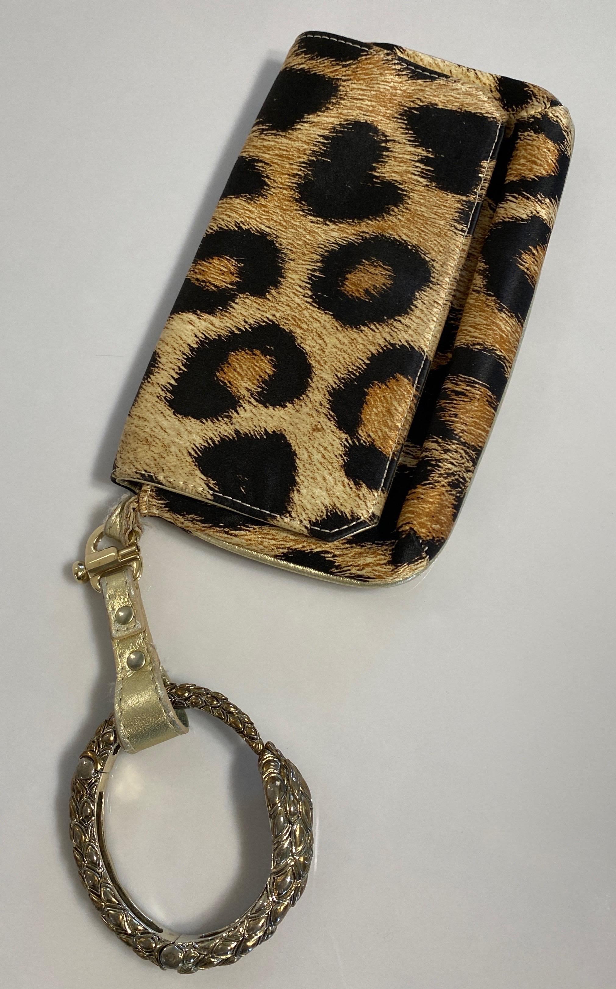 Women's or Men's Roberto Cavalli Leopard Silk Print Snake Bracelet Bag For Sale
