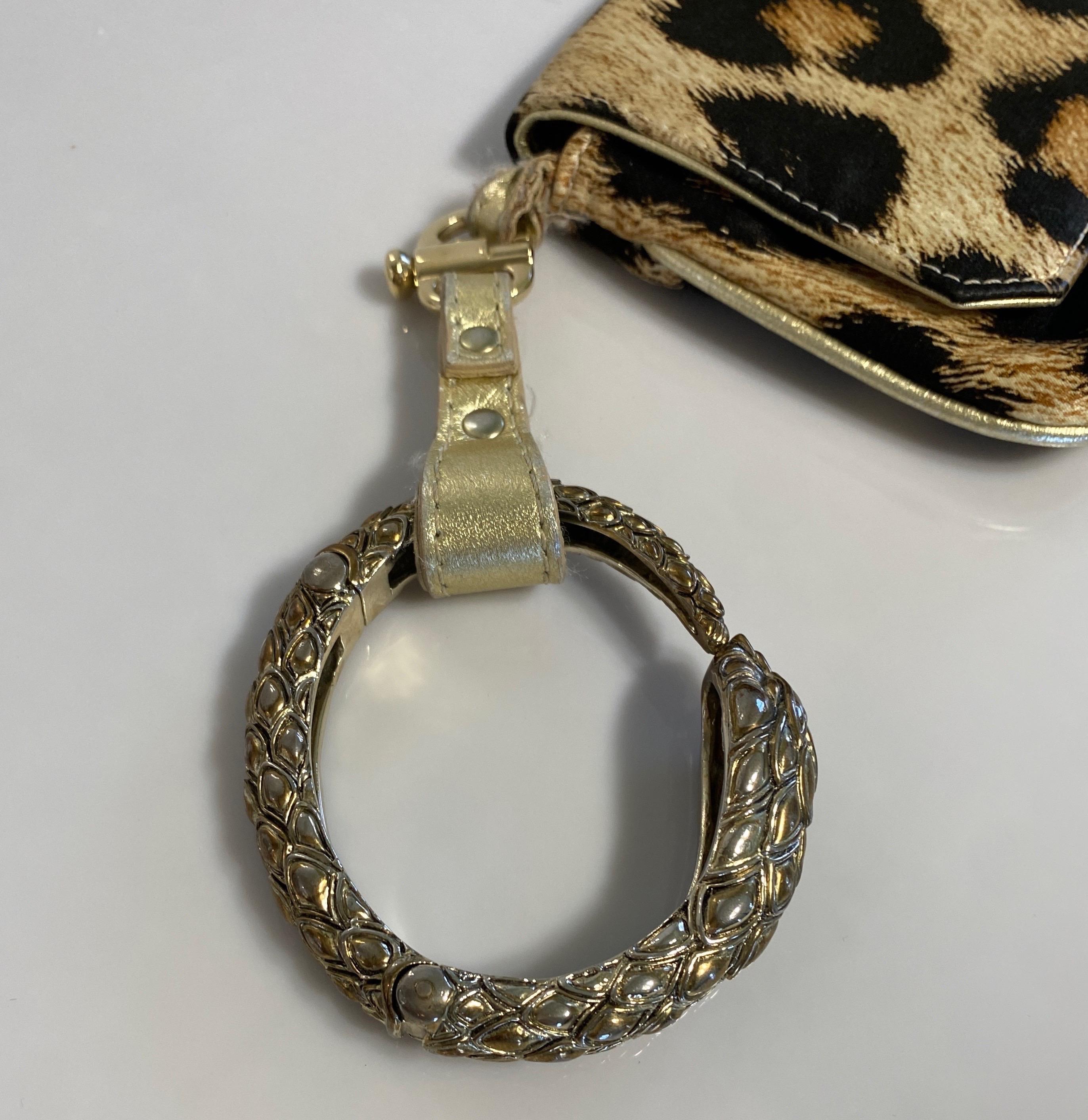 Roberto Cavalli Leopard Silk Print Snake Bracelet Bag For Sale 1