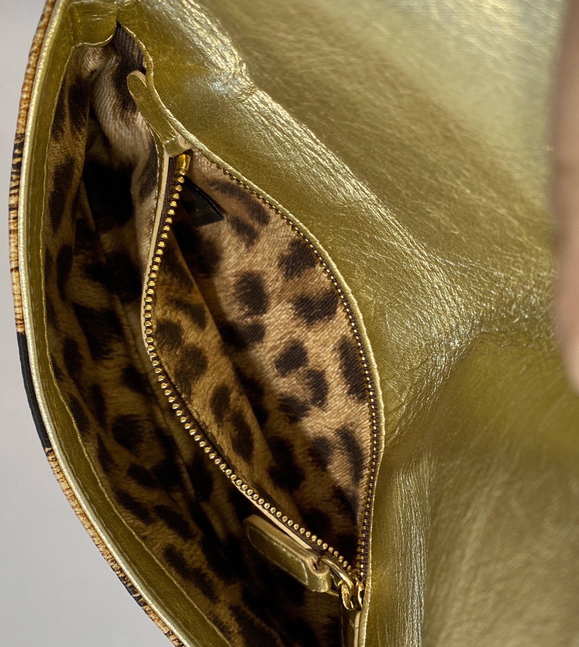 Roberto Cavalli Leopard Silk Print Snake Bracelet Bag For Sale 4
