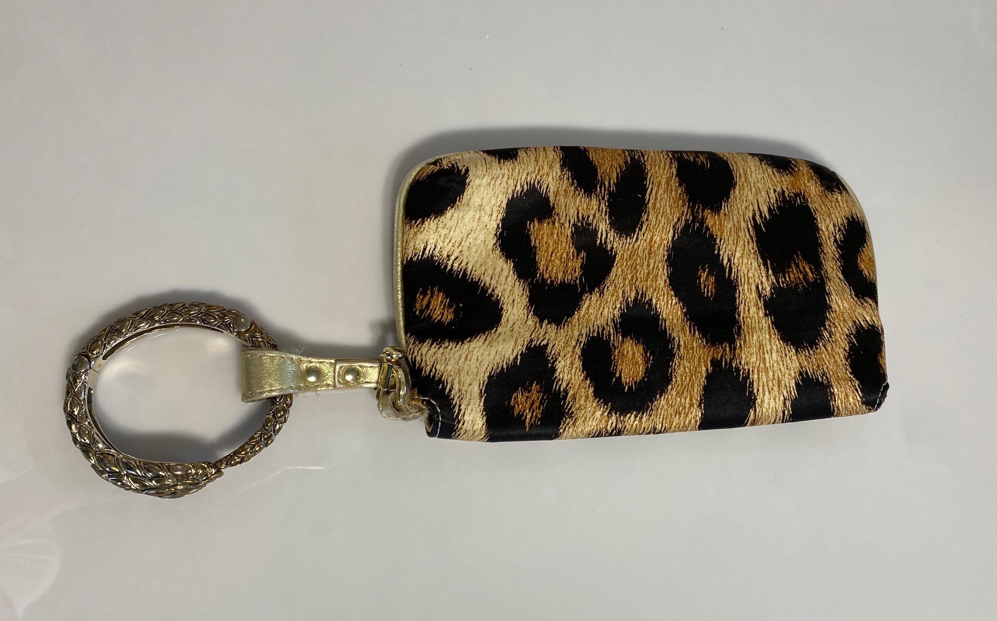 Roberto Cavalli Leopard Silk Print Snake Bracelet Bag For Sale 5