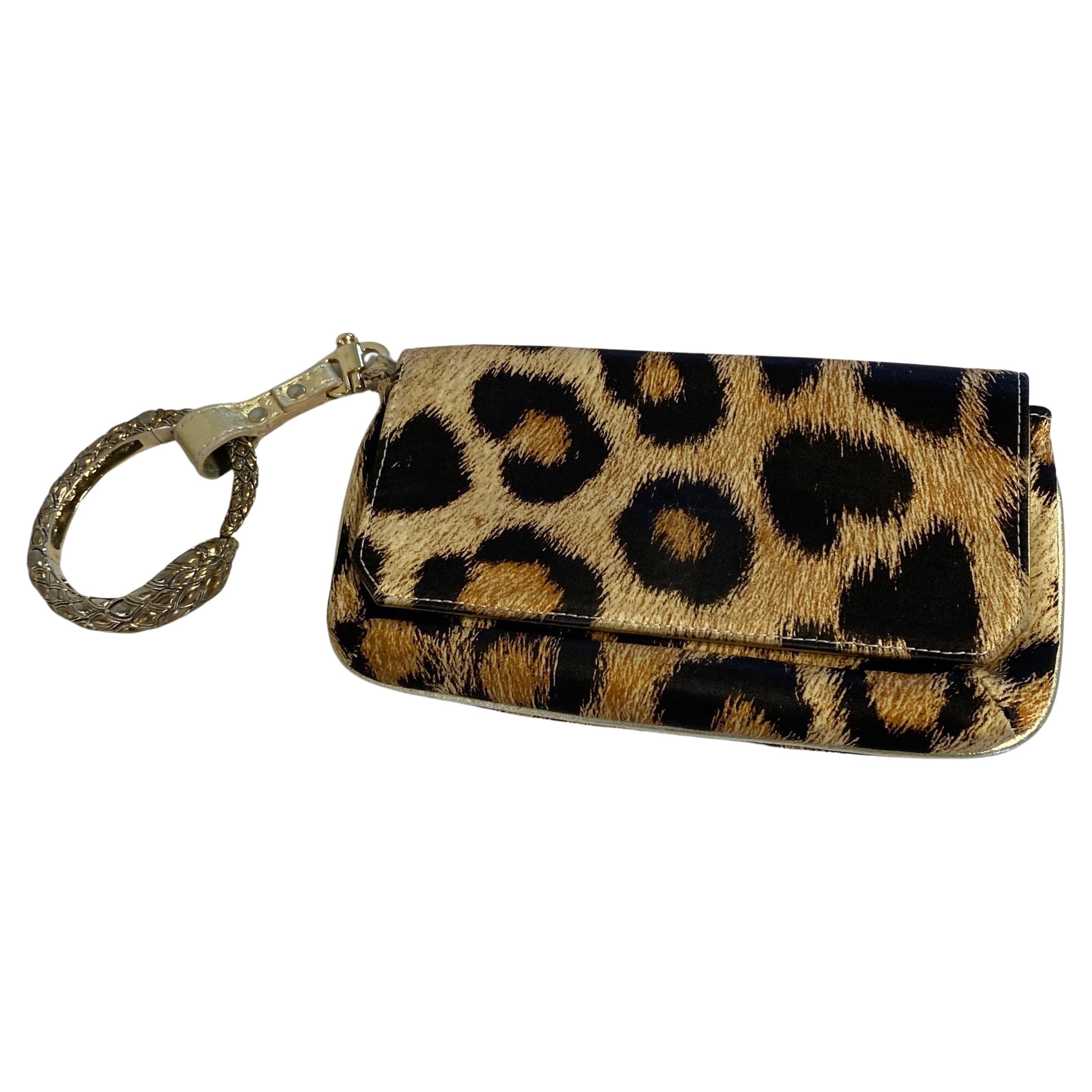 Roberto Cavalli Leopard Silk Print Snake Bracelet Bag For Sale