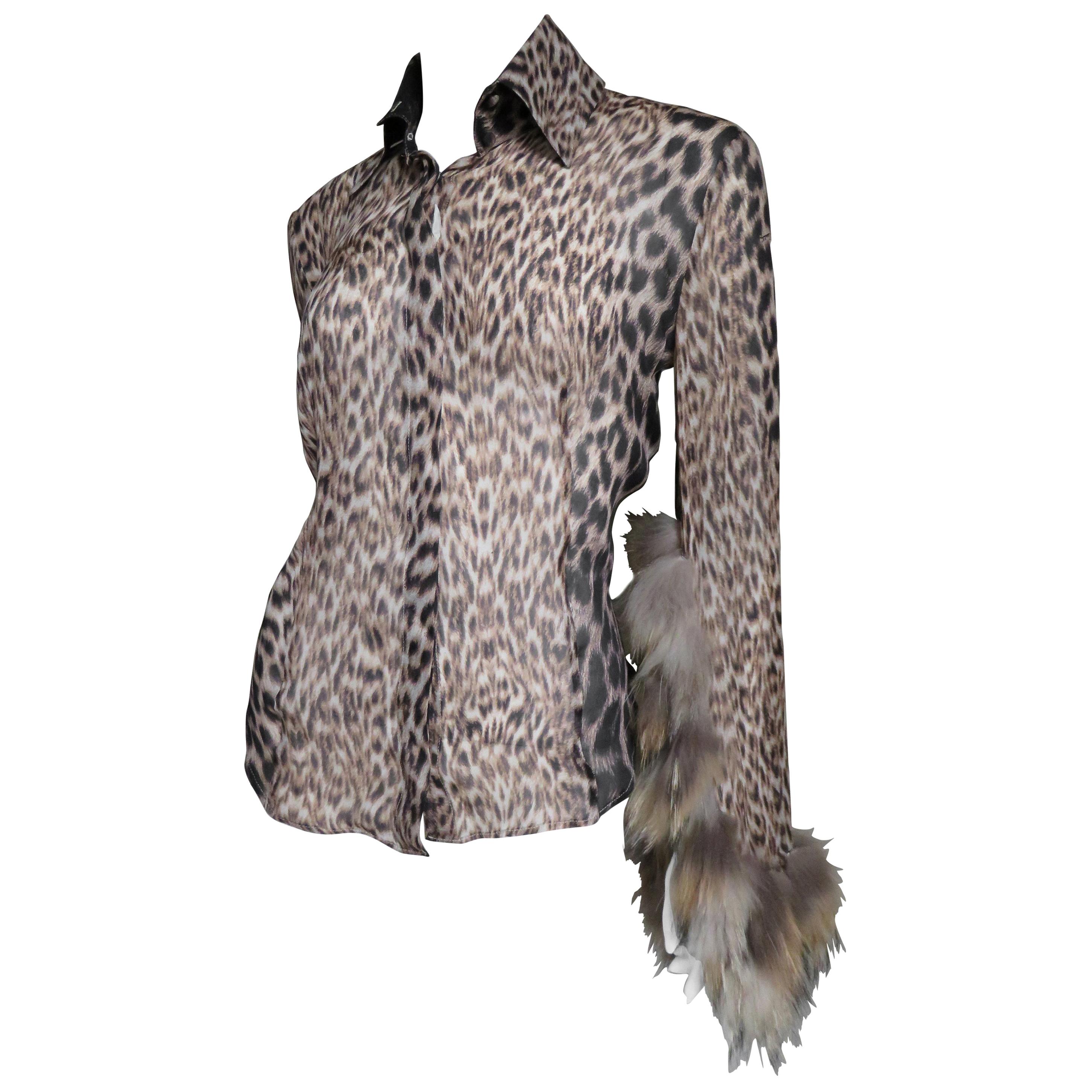 Roberto Cavalli Leopard Print Silk Shirt with Fur Trim Sleeves