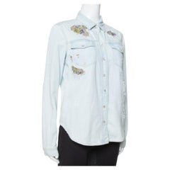 Roberto Cavalli Light Blue Distressed Denim Patch Detail Shirt S