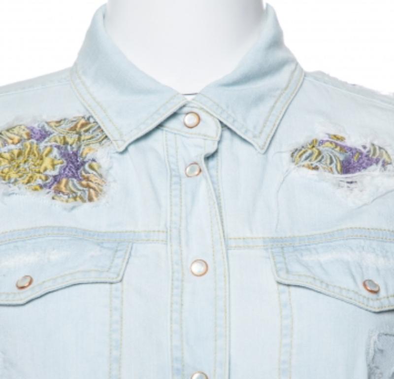 Gray Roberto Cavalli Light Blue Distressed Denim Patch Detail Shirt S For Sale
