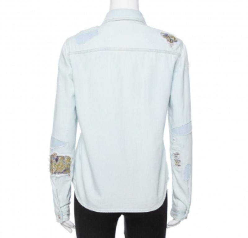 Roberto Cavalli Light Blue Distressed Denim Patch Detail Shirt S In Good Condition For Sale In Dubai, Al Qouz 2