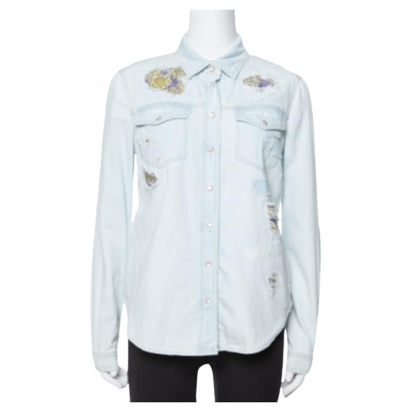 Roberto Cavalli Light Blue Distressed Denim Patch Detail Shirt S For Sale